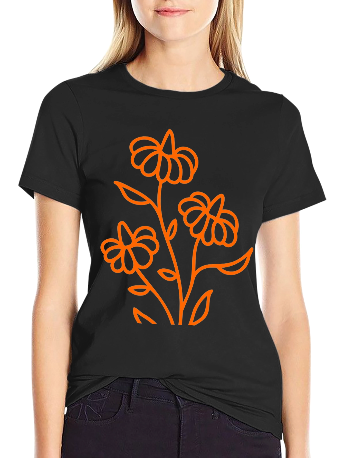 Black T-Shirt with Orange Floral Design