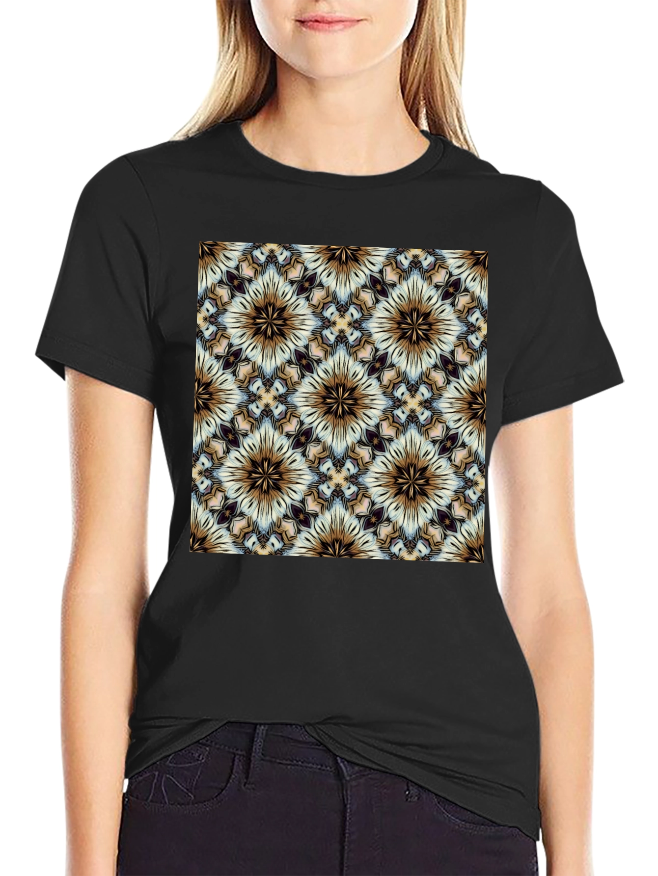 Geometric Floral Pattern Black T-Shirt