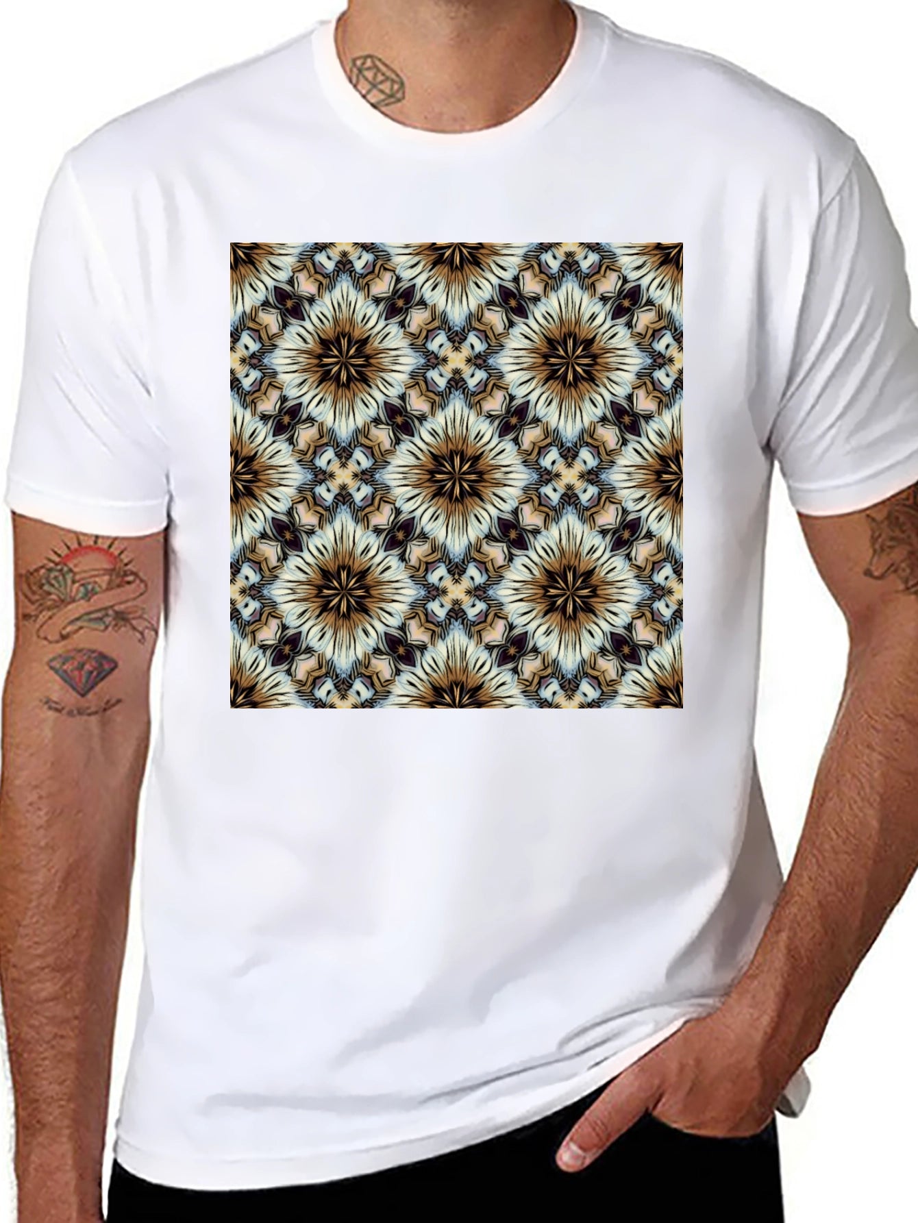 Geometric Floral Pattern Black T-Shirt