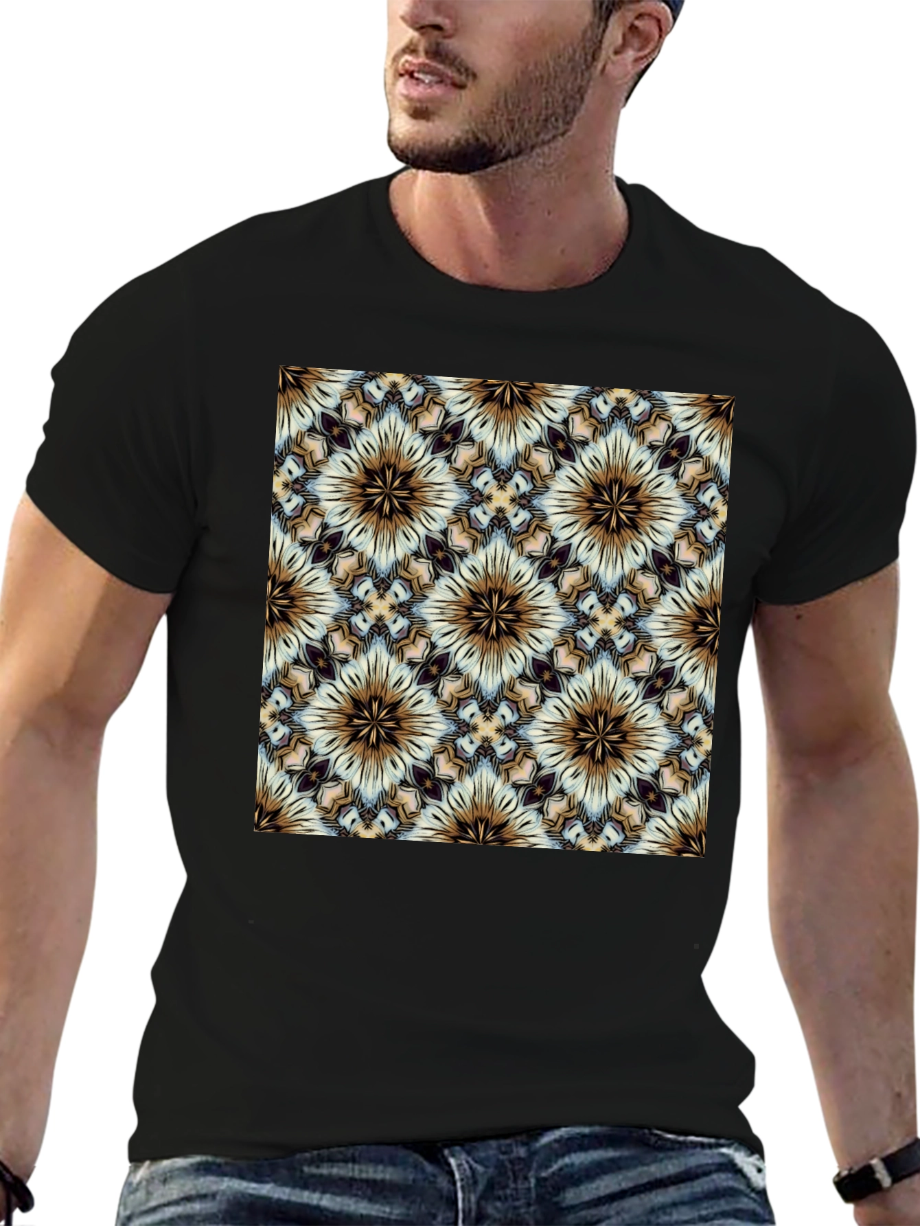 Geometric Floral Pattern Black T-Shirt