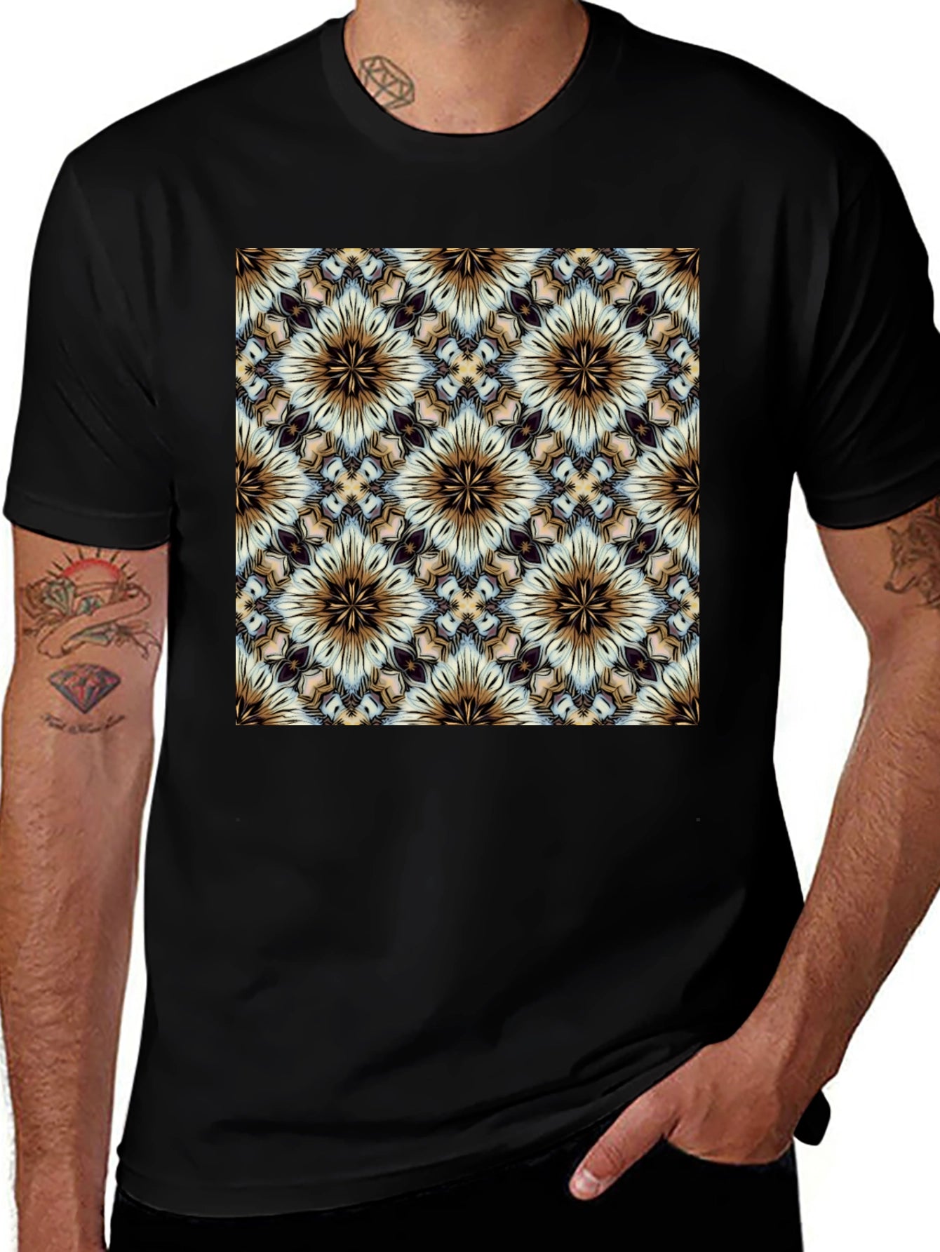 Geometric Floral Pattern Black T-Shirt