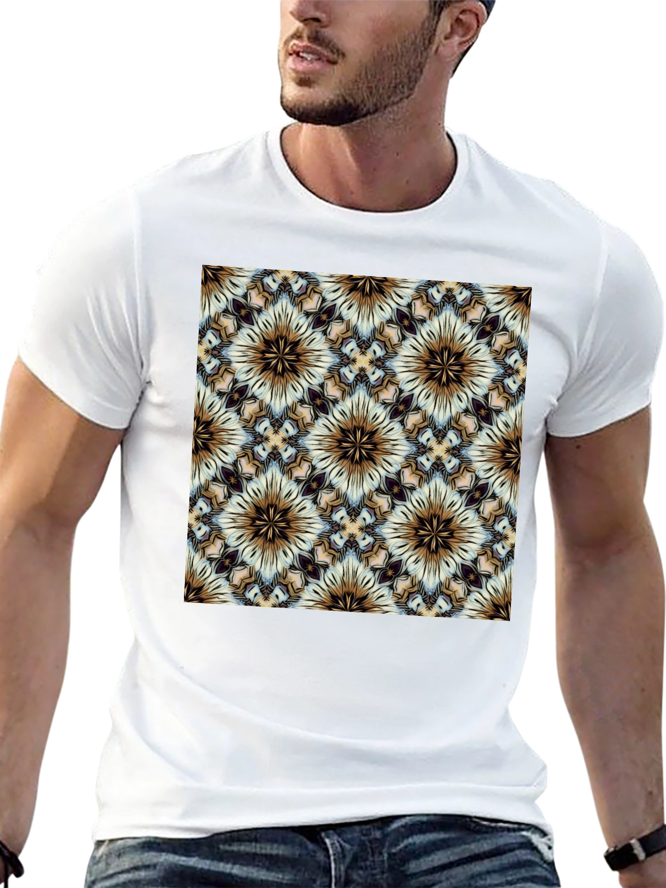 Geometric Floral Pattern Black T-Shirt