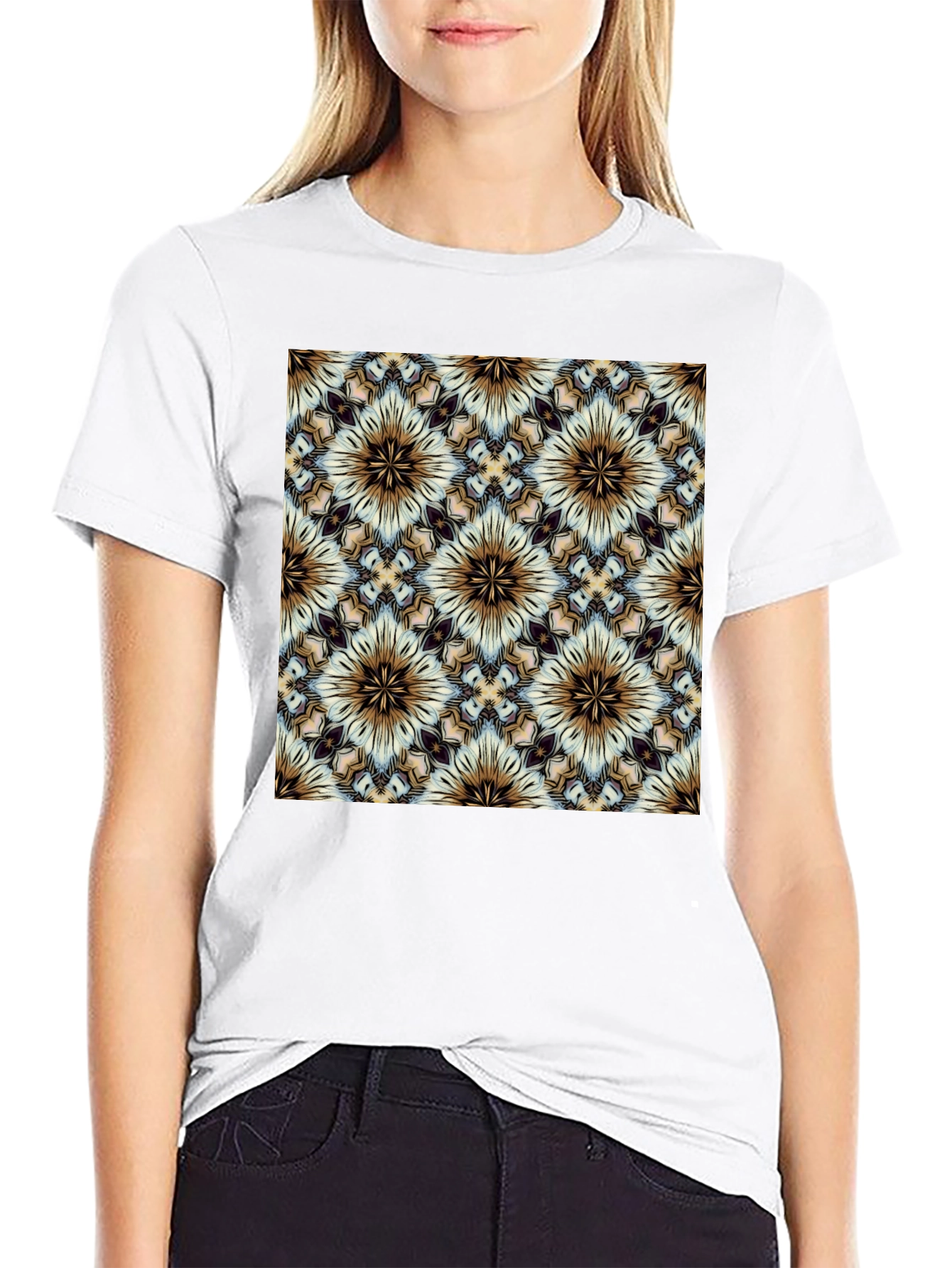 Geometric Floral Pattern Black T-Shirt