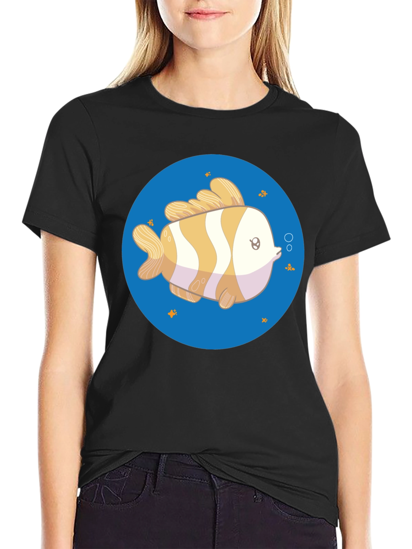 Cartoon Fish Graphic Tee - Unisex Black T-Shirt