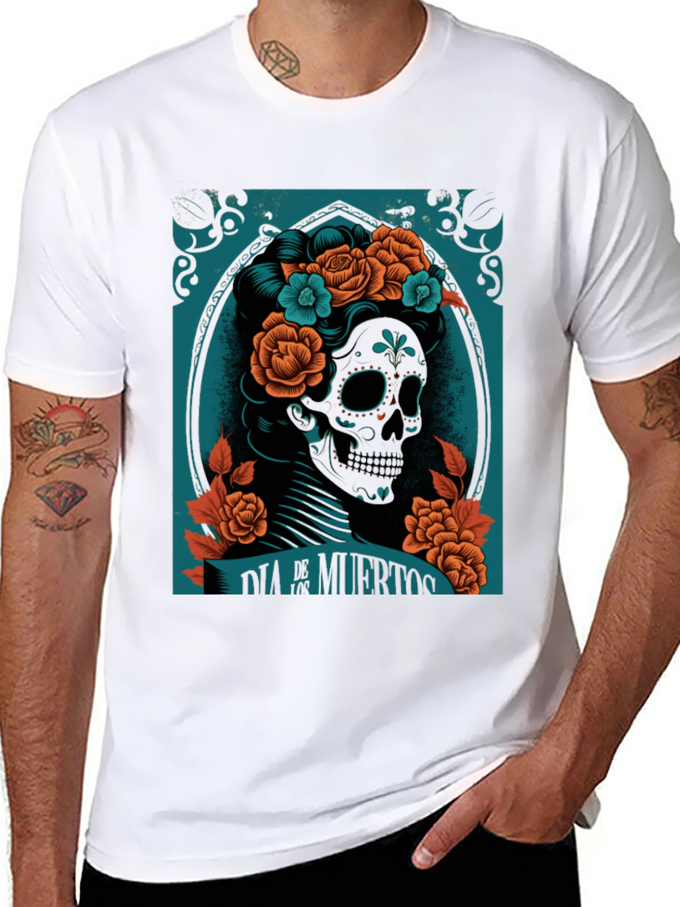 Dia de Muertos Graphic Tee - Skull & Flowers