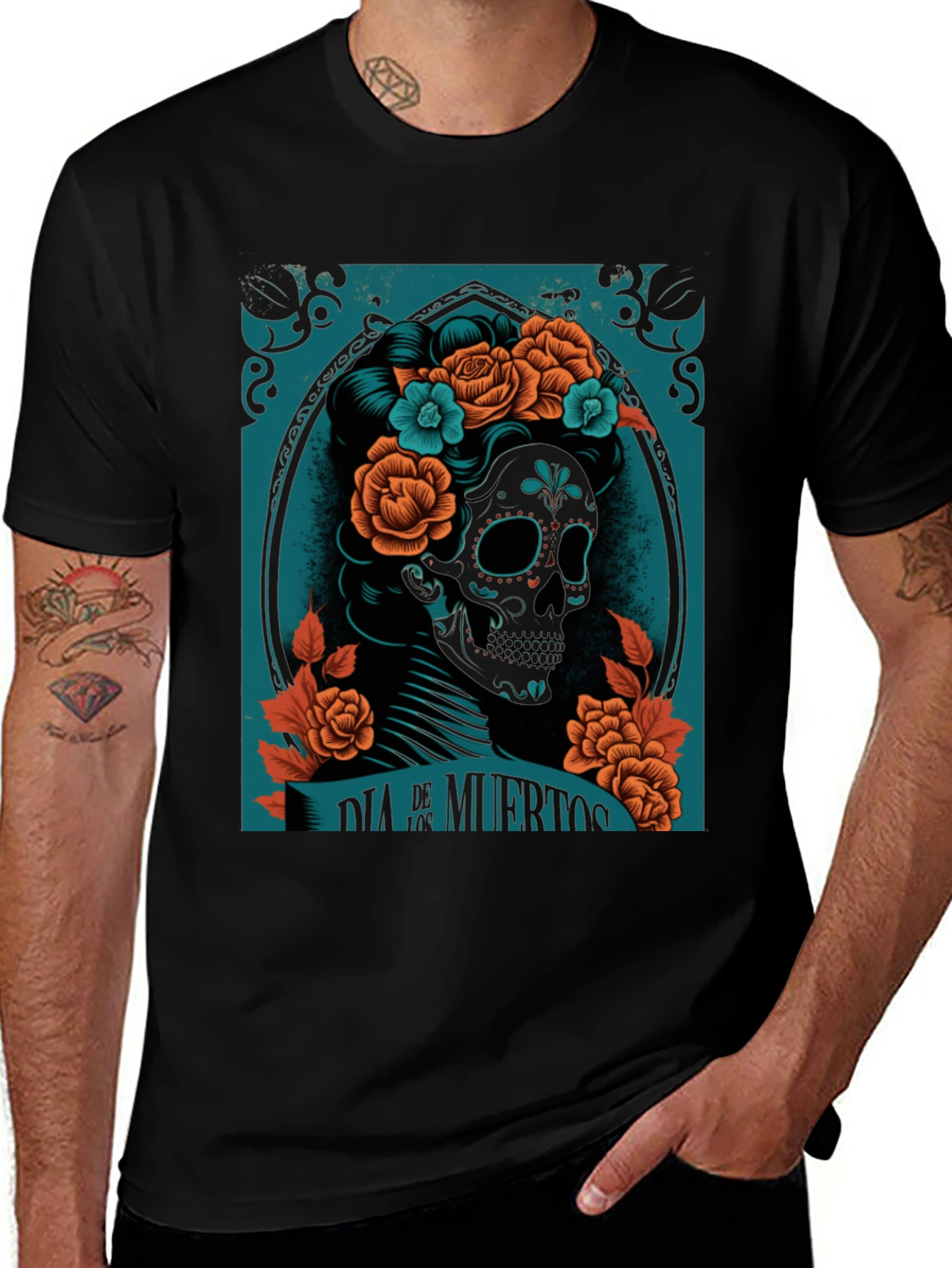 Dia de Muertos Graphic Tee - Skull & Flowers