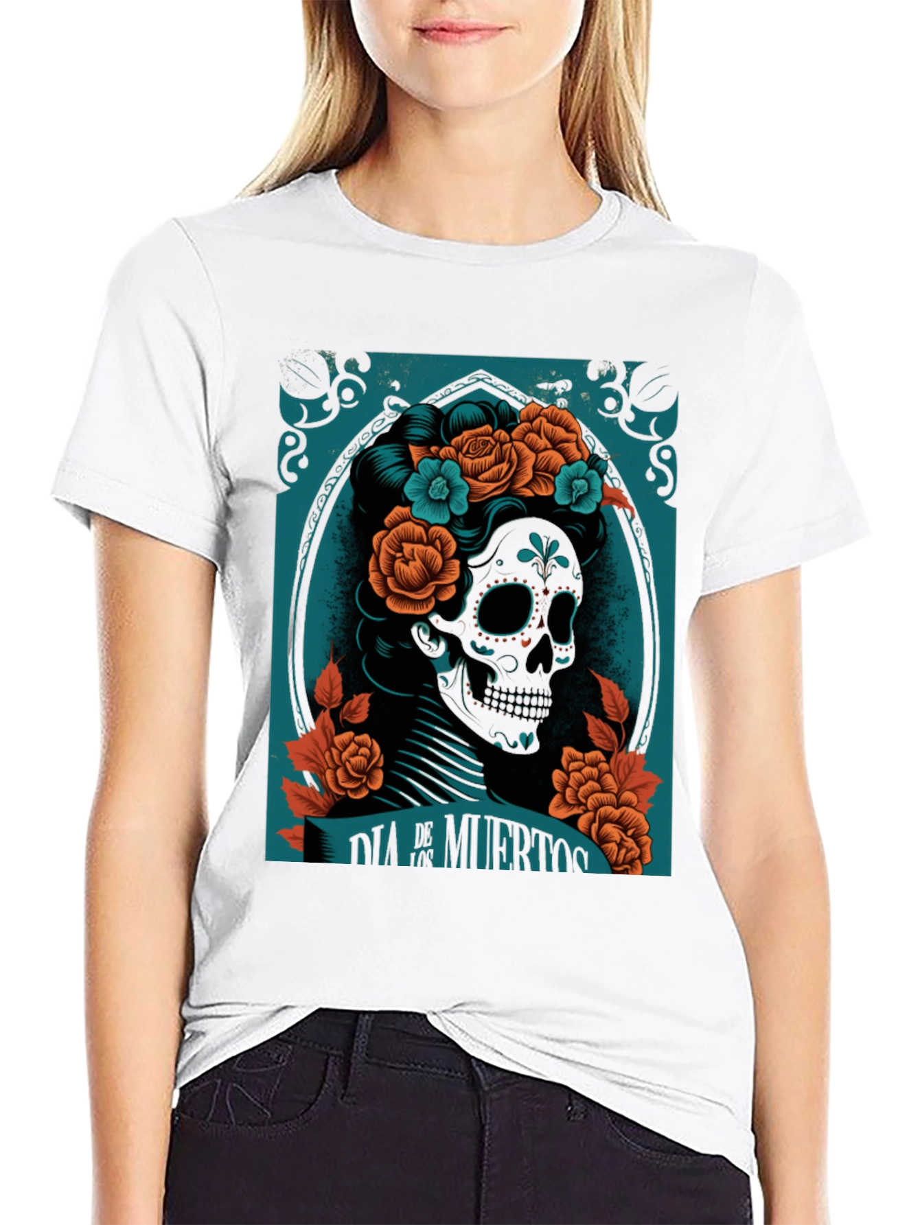 Dia de Muertos Graphic Tee - Skull & Flowers