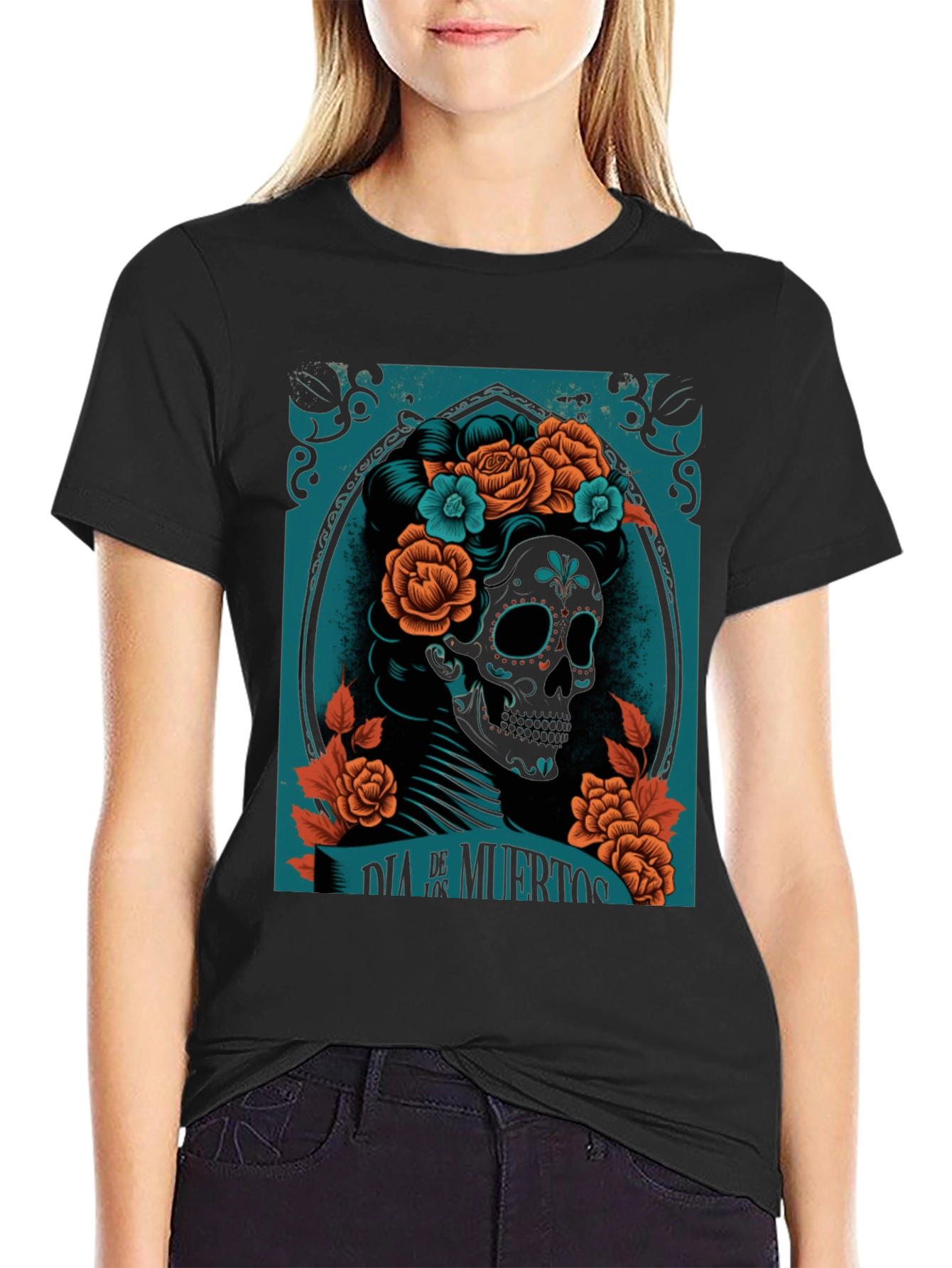 Dia de Muertos Graphic Tee - Skull & Flowers