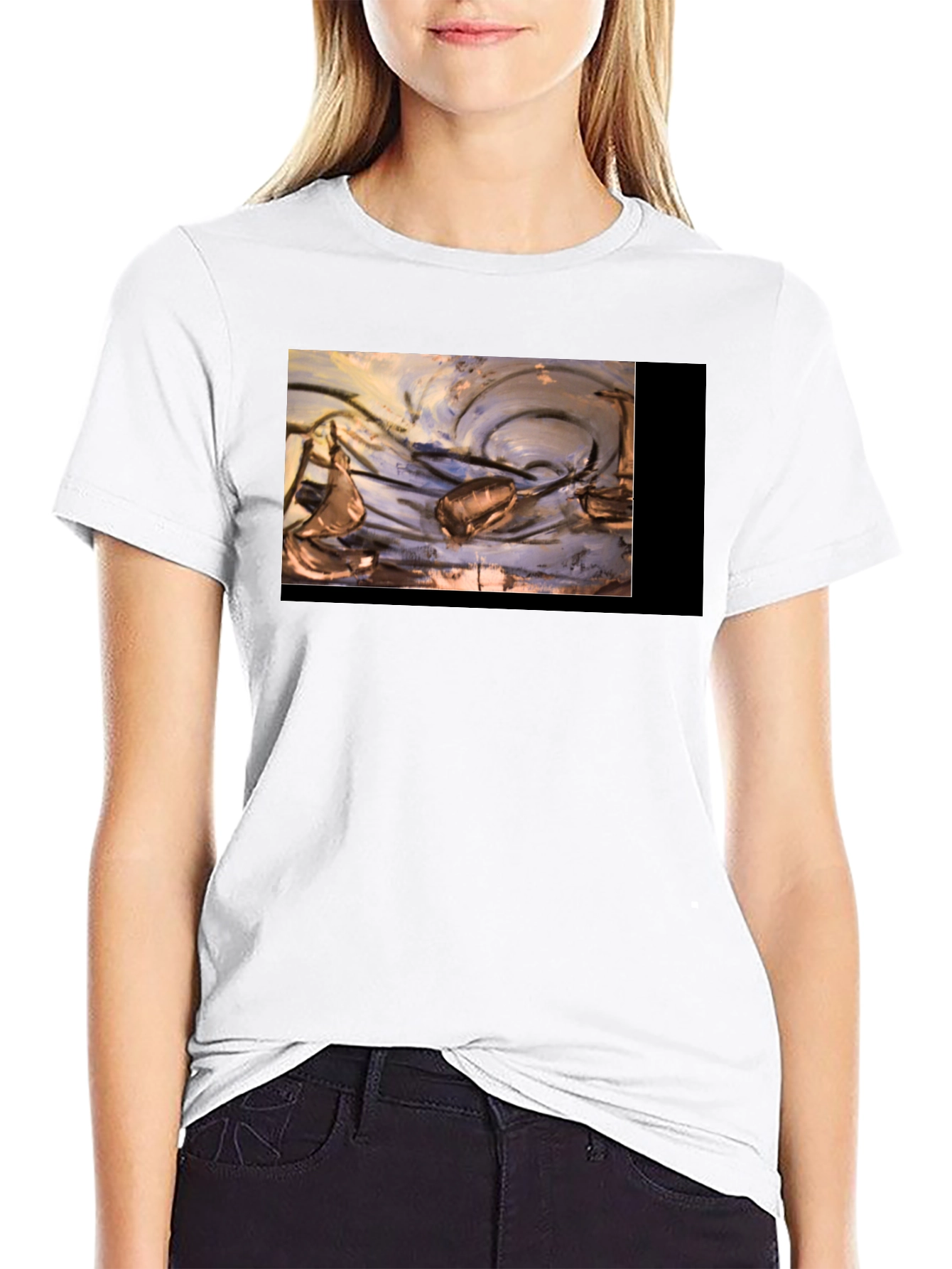 Artistic Black T-Shirt with Abstract Boat Design