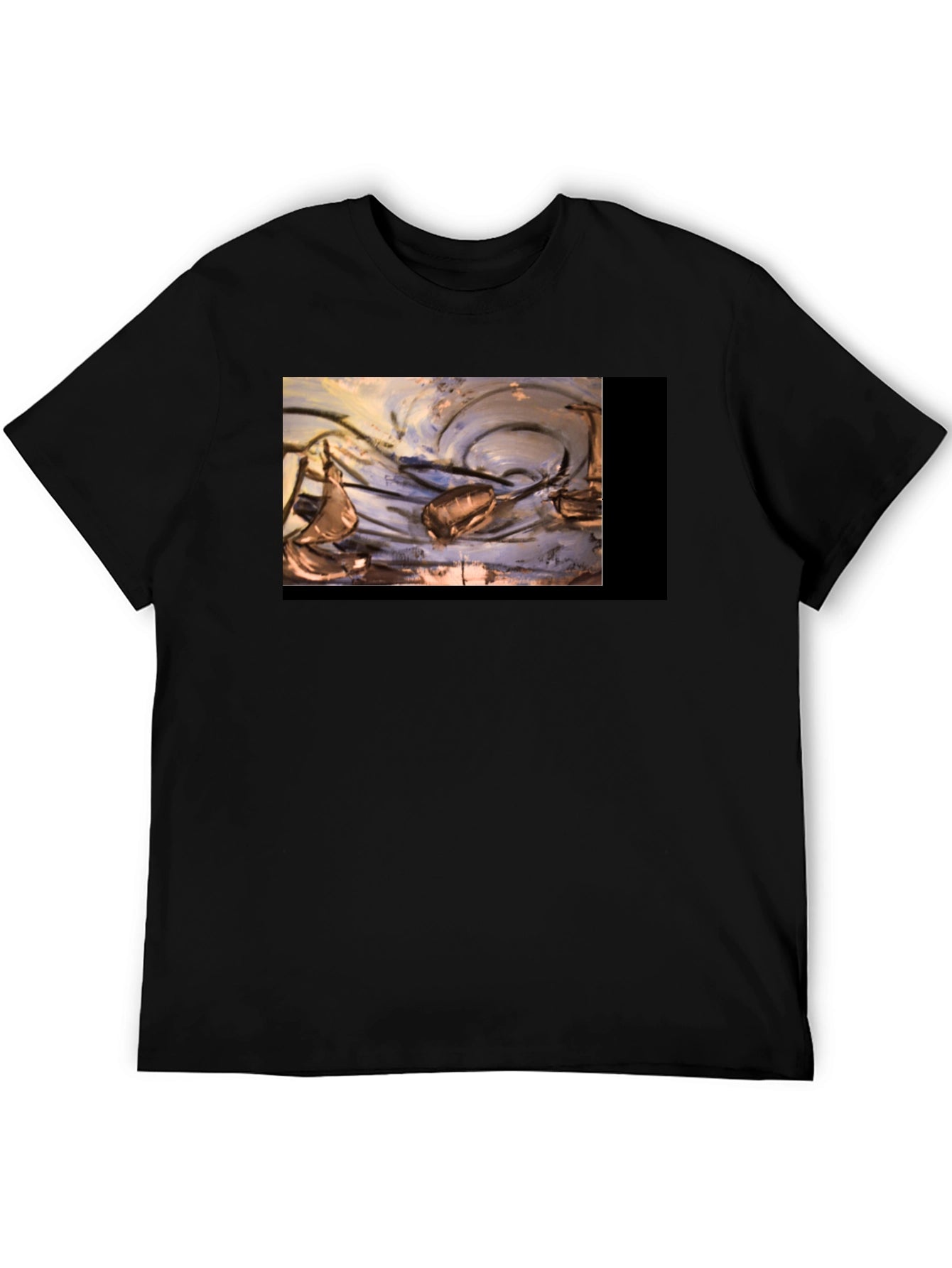 Artistic Black T-Shirt with Abstract Boat Design