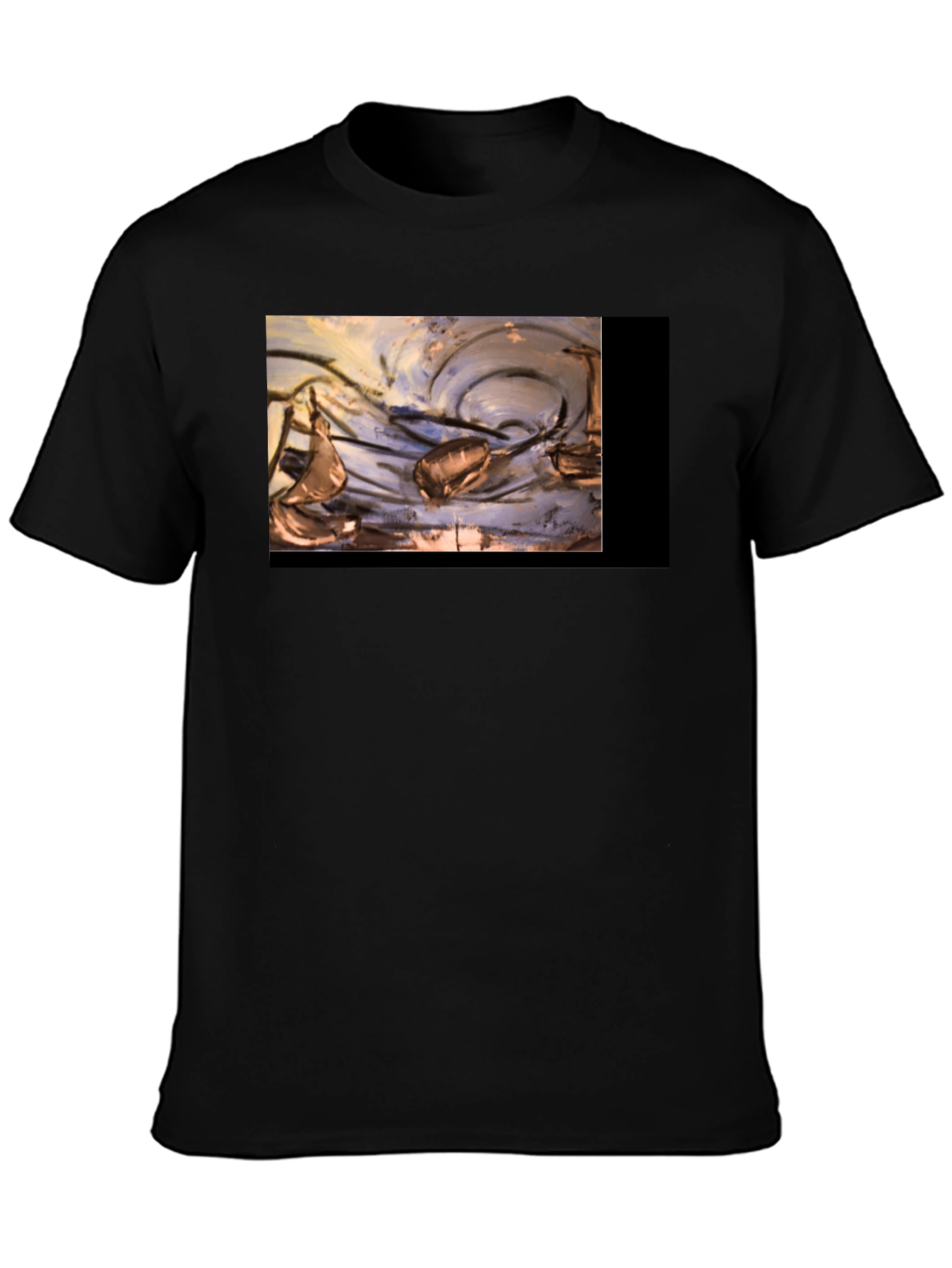 Artistic Black T-Shirt with Abstract Boat Design