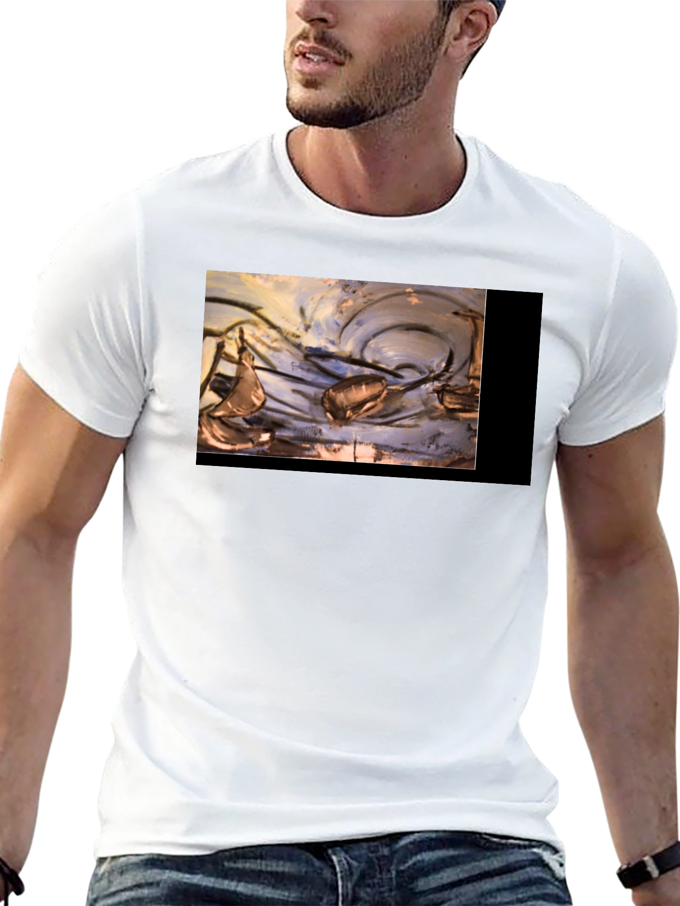 Artistic Black T-Shirt with Abstract Boat Design