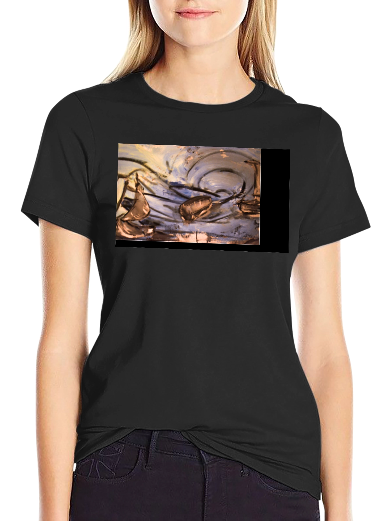 Artistic Black T-Shirt with Abstract Boat Design