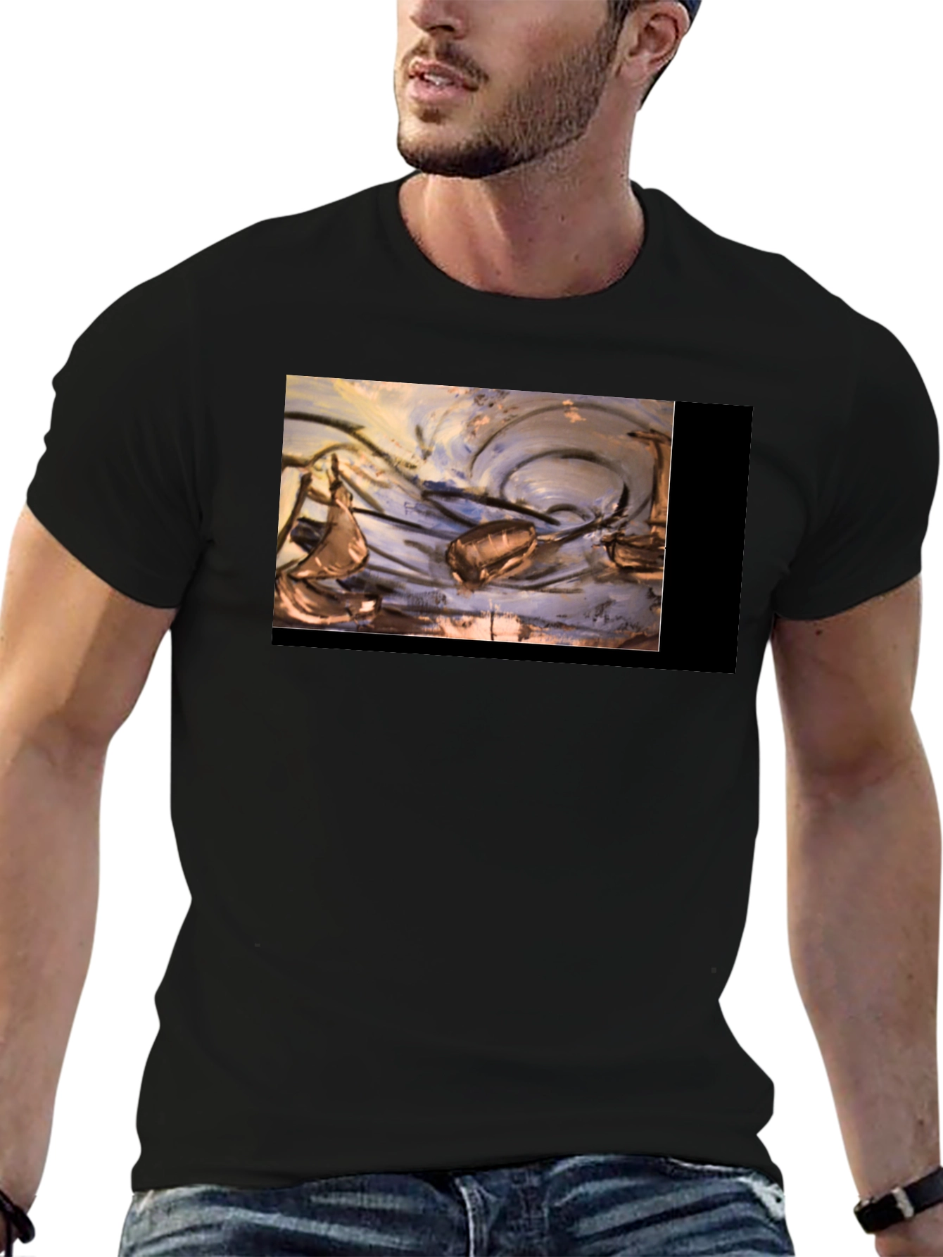 Artistic Black T-Shirt with Abstract Boat Design