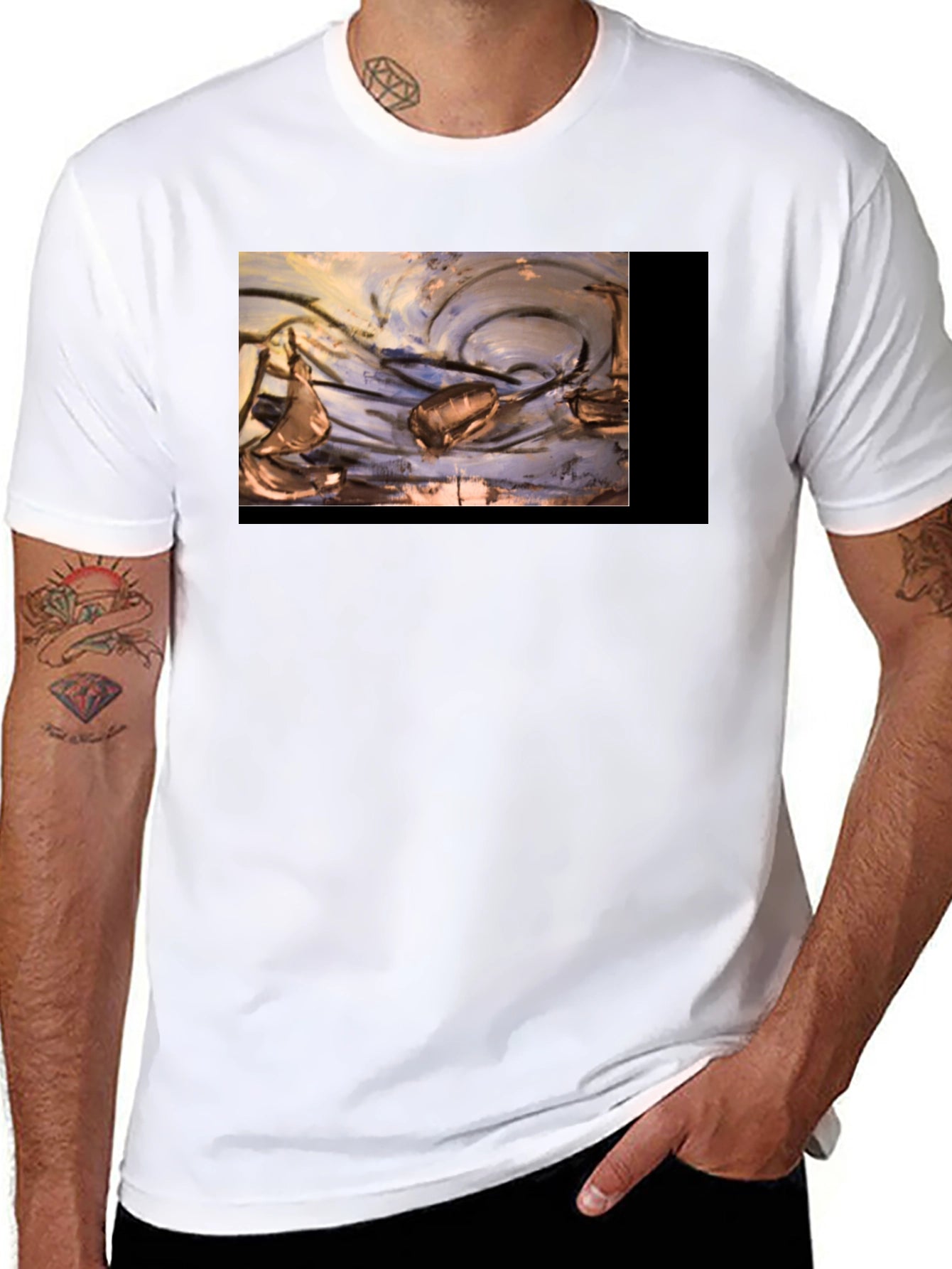 Artistic Black T-Shirt with Abstract Boat Design