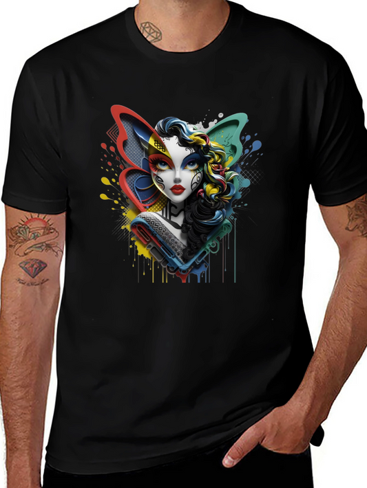 Colorful Abstract Woman Graphic Print Black T-Shirt