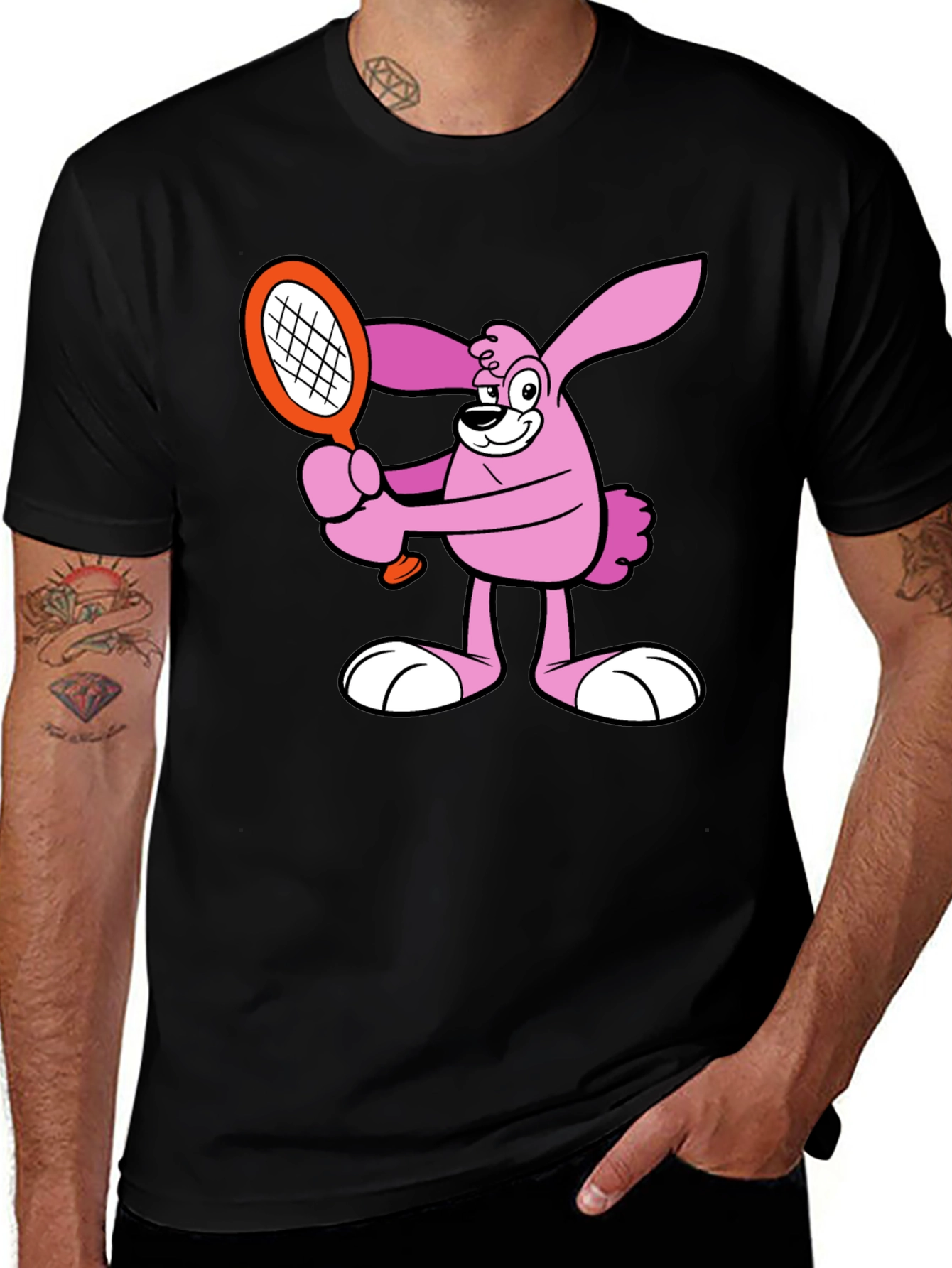 Cartoon Bunny Tennis Player Graphic T-Shirt