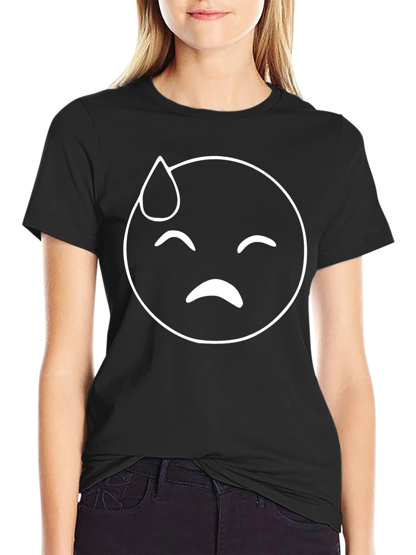 Black Emoji T-Shirt: Sweaty Face