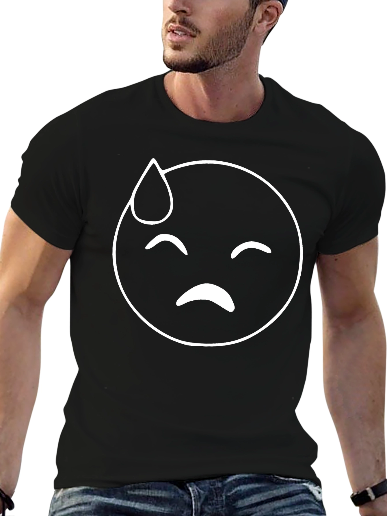 Black Emoji T-Shirt: Sweaty Face