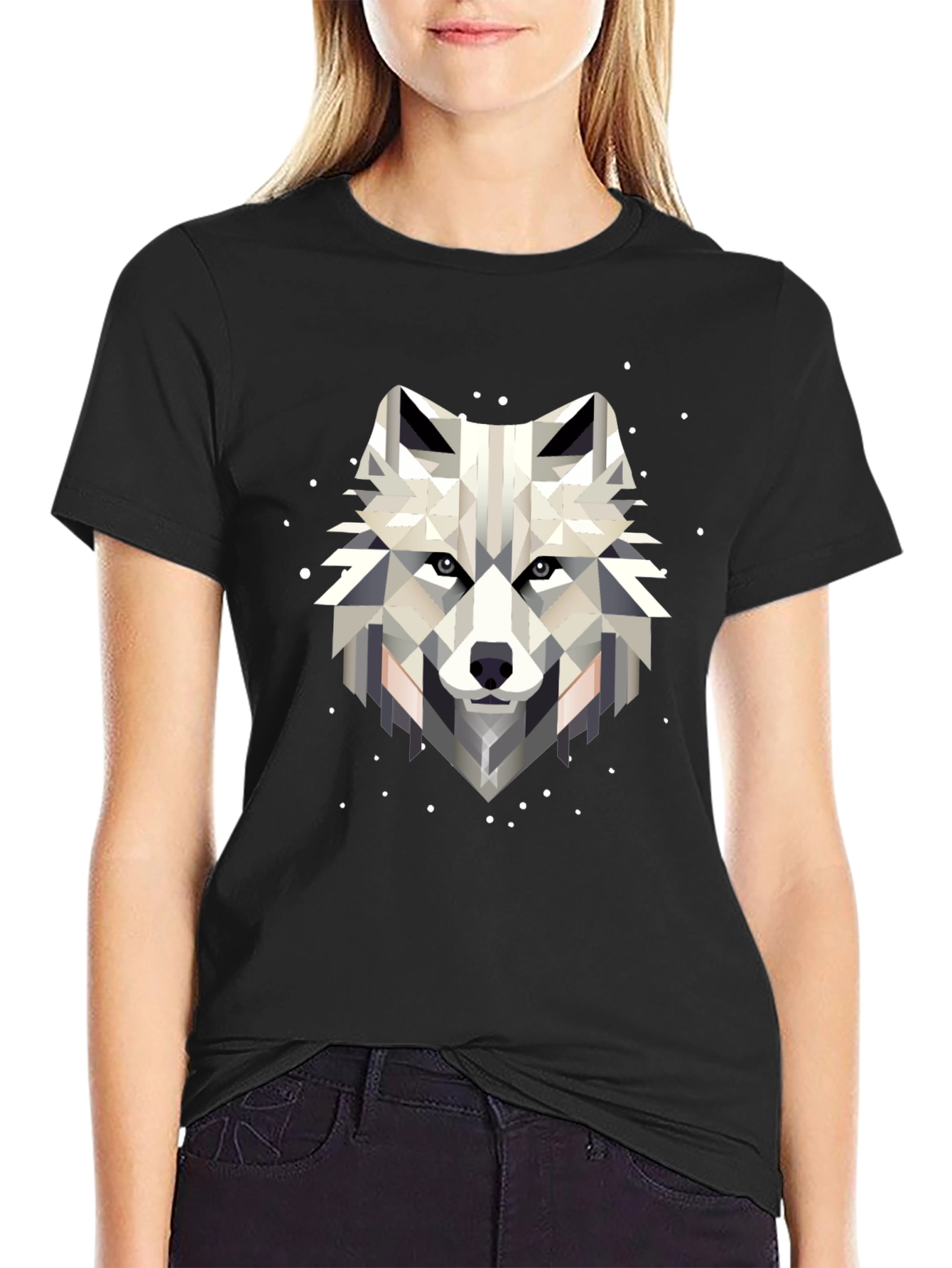 Geometric Wolf Graphic Black T-Shirt