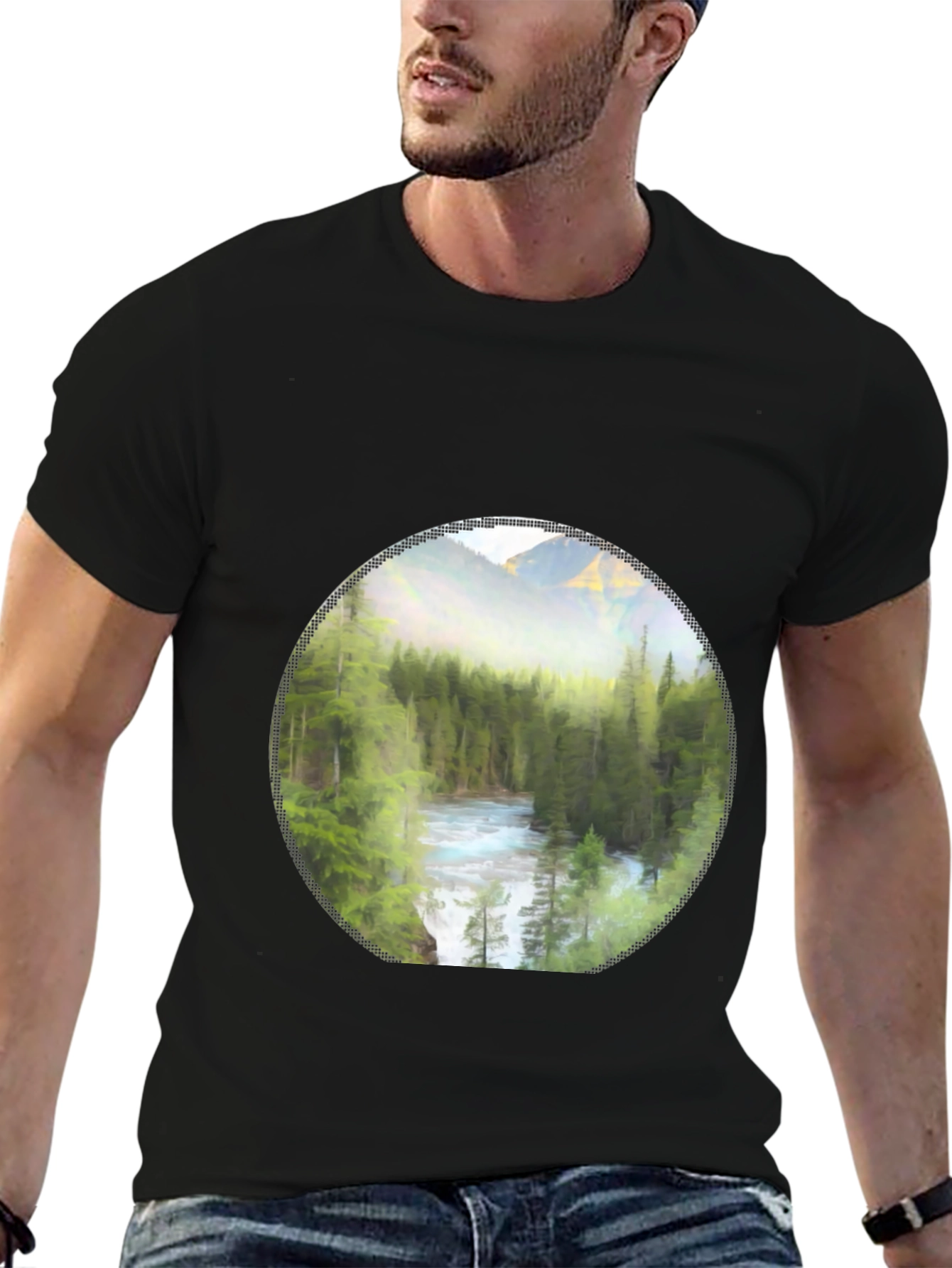 Nature Scene Graphic Tee - Mountain River Print