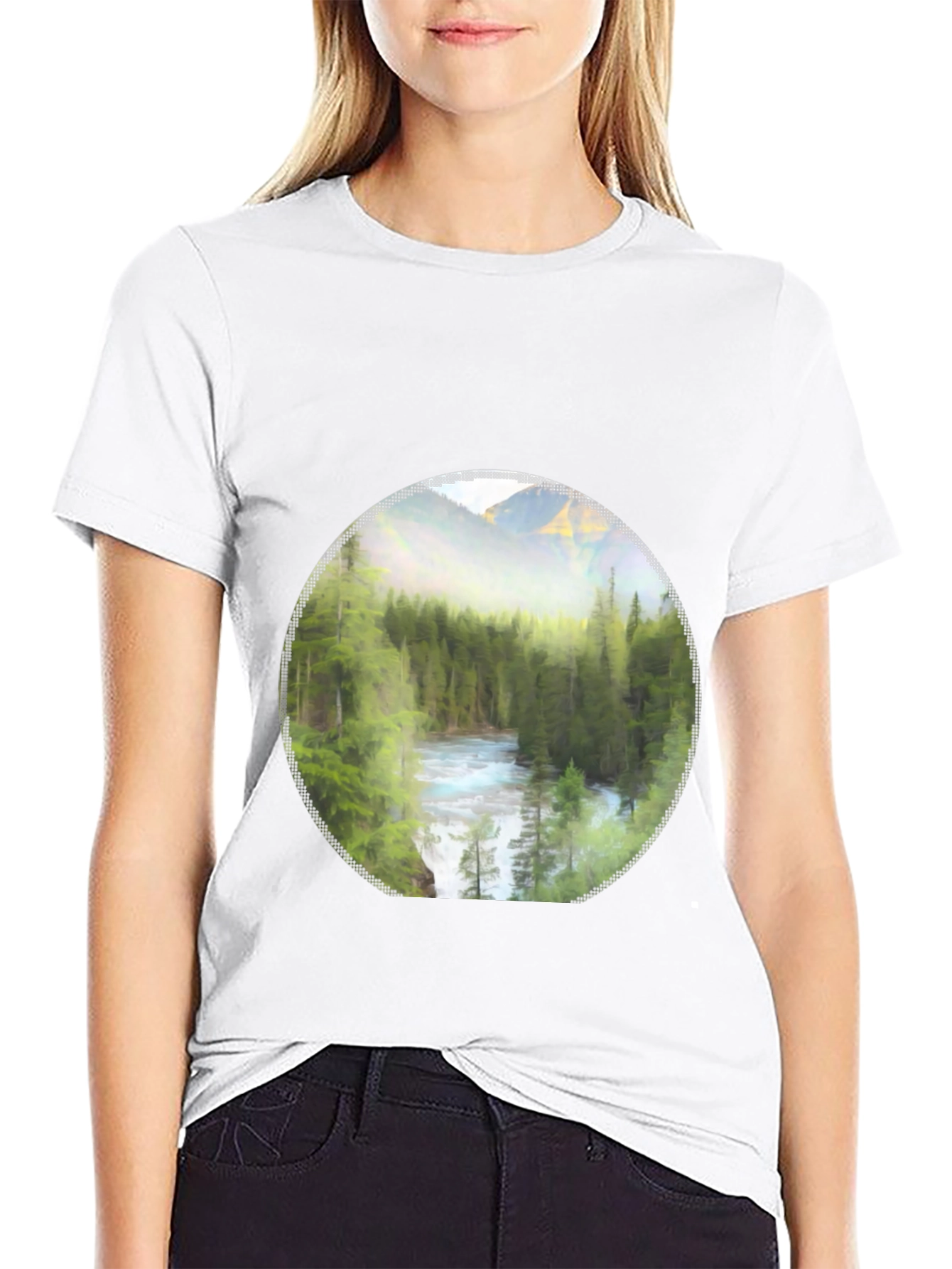 Nature Scene Graphic Tee - Mountain River Print
