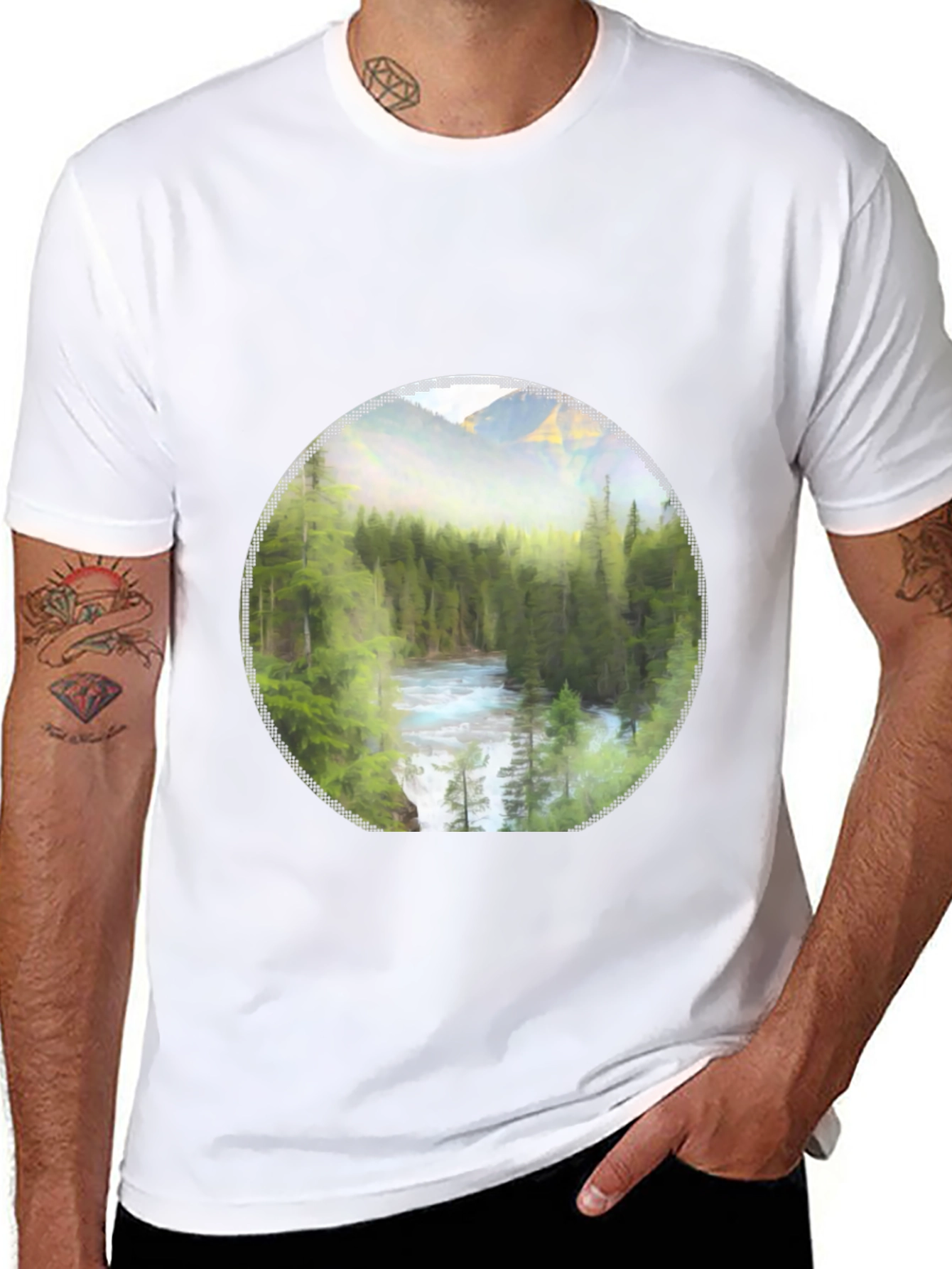 Nature Scene Graphic Tee - Mountain River Print