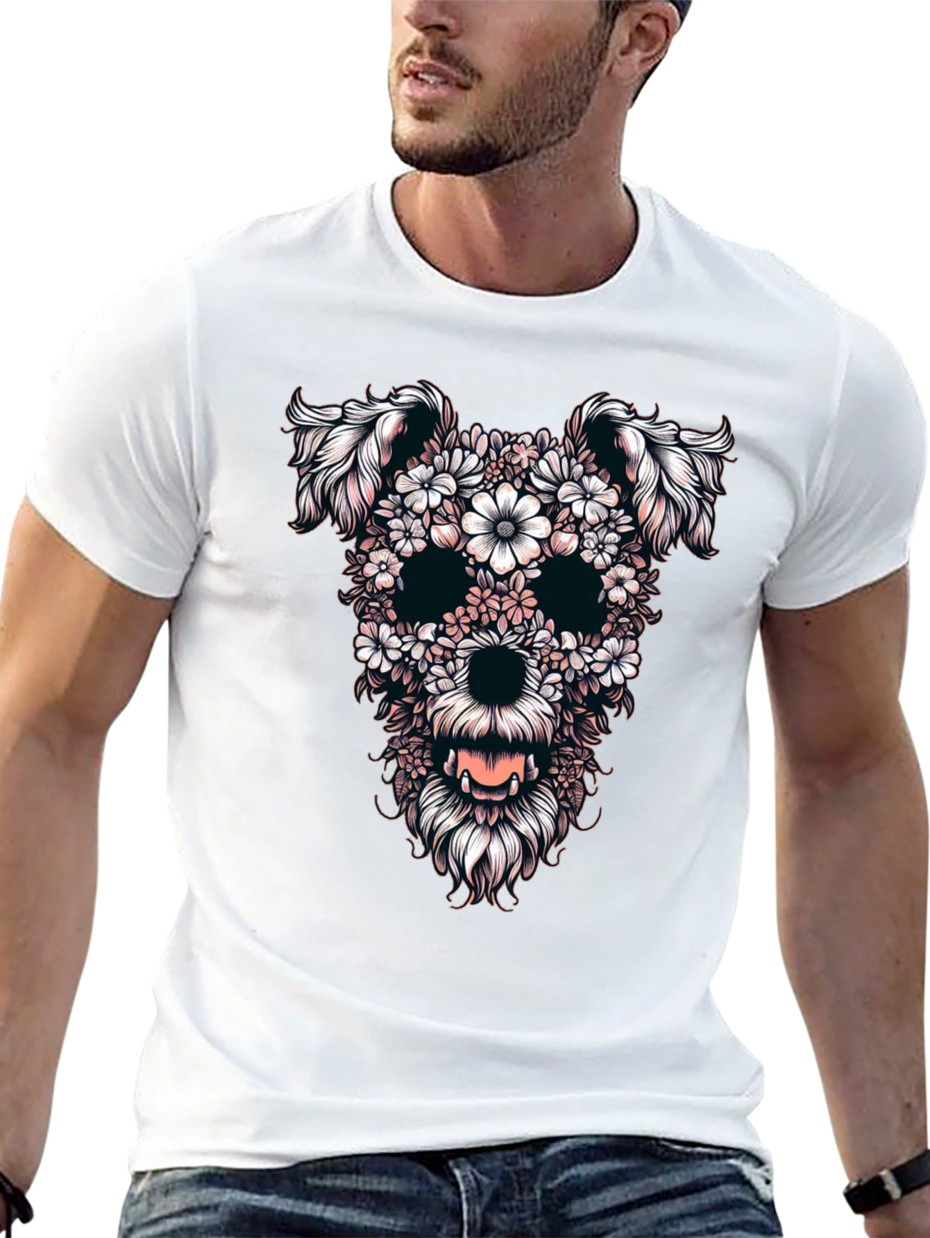 Floral Dog Skull Graphic Black T-Shirt