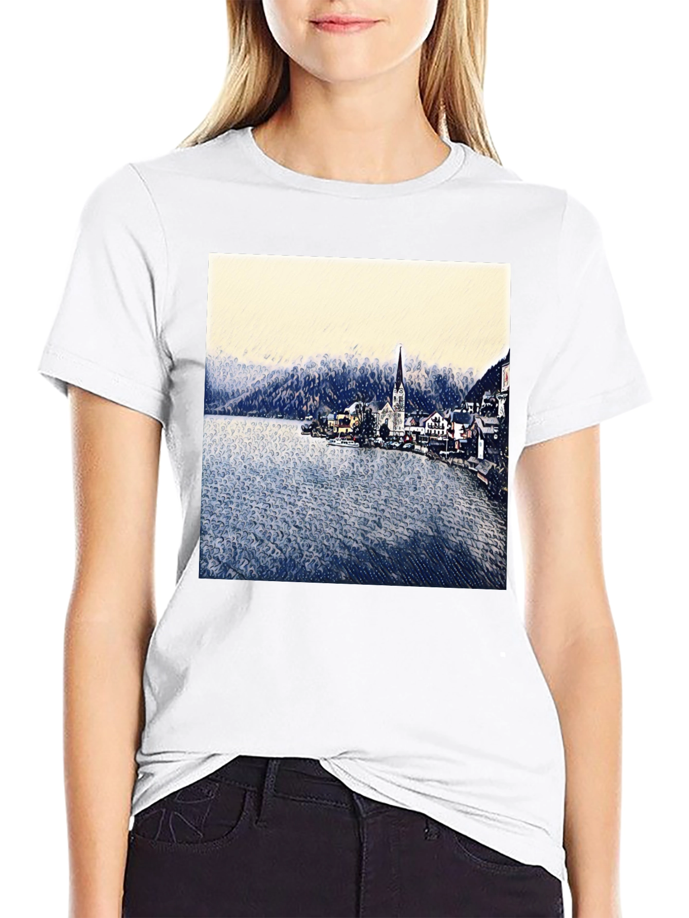Scenic Lakeside Village Graphic Tee