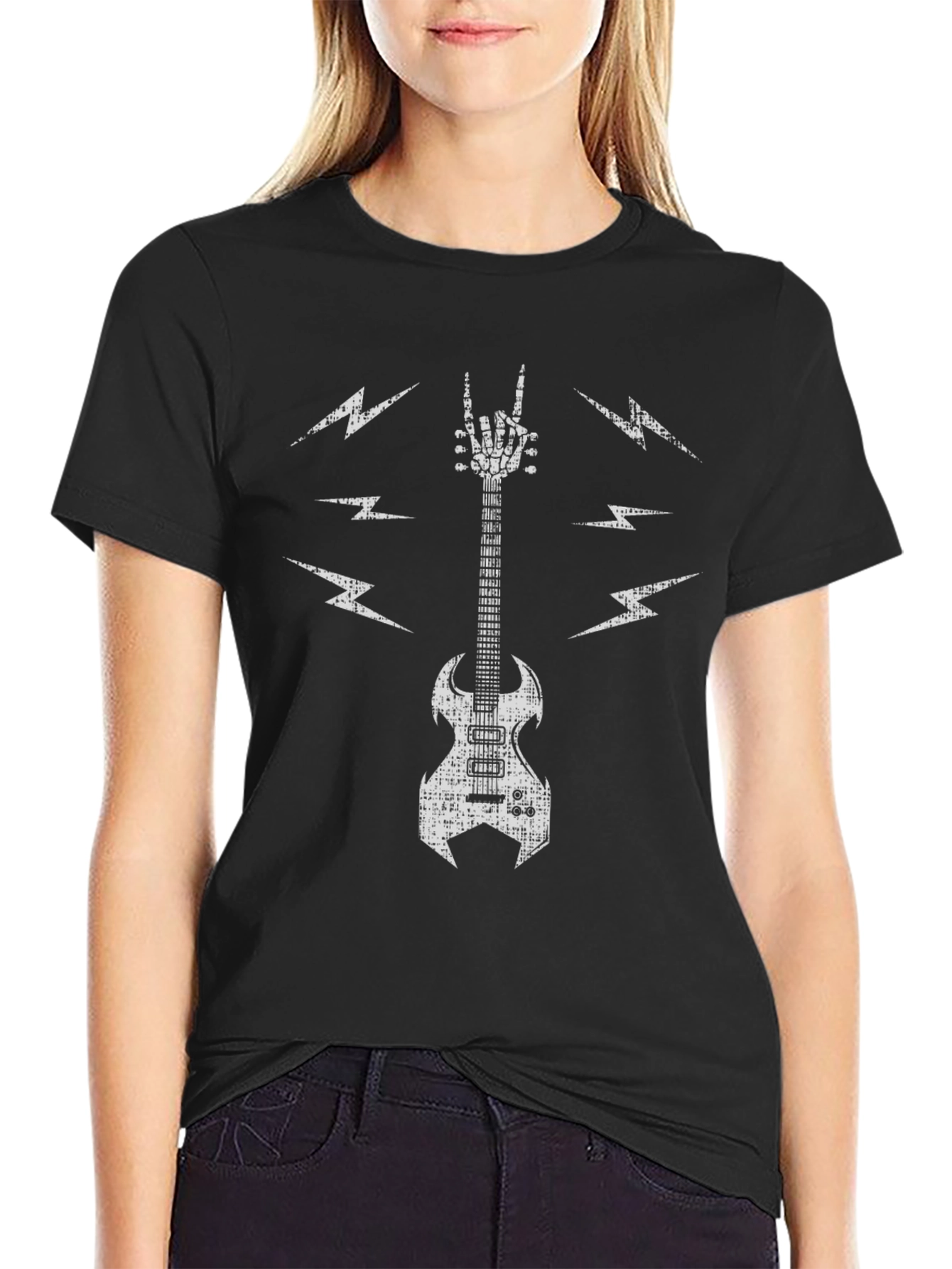 Rock Guitar T-Shirt - Skeleton Hand & Lightning