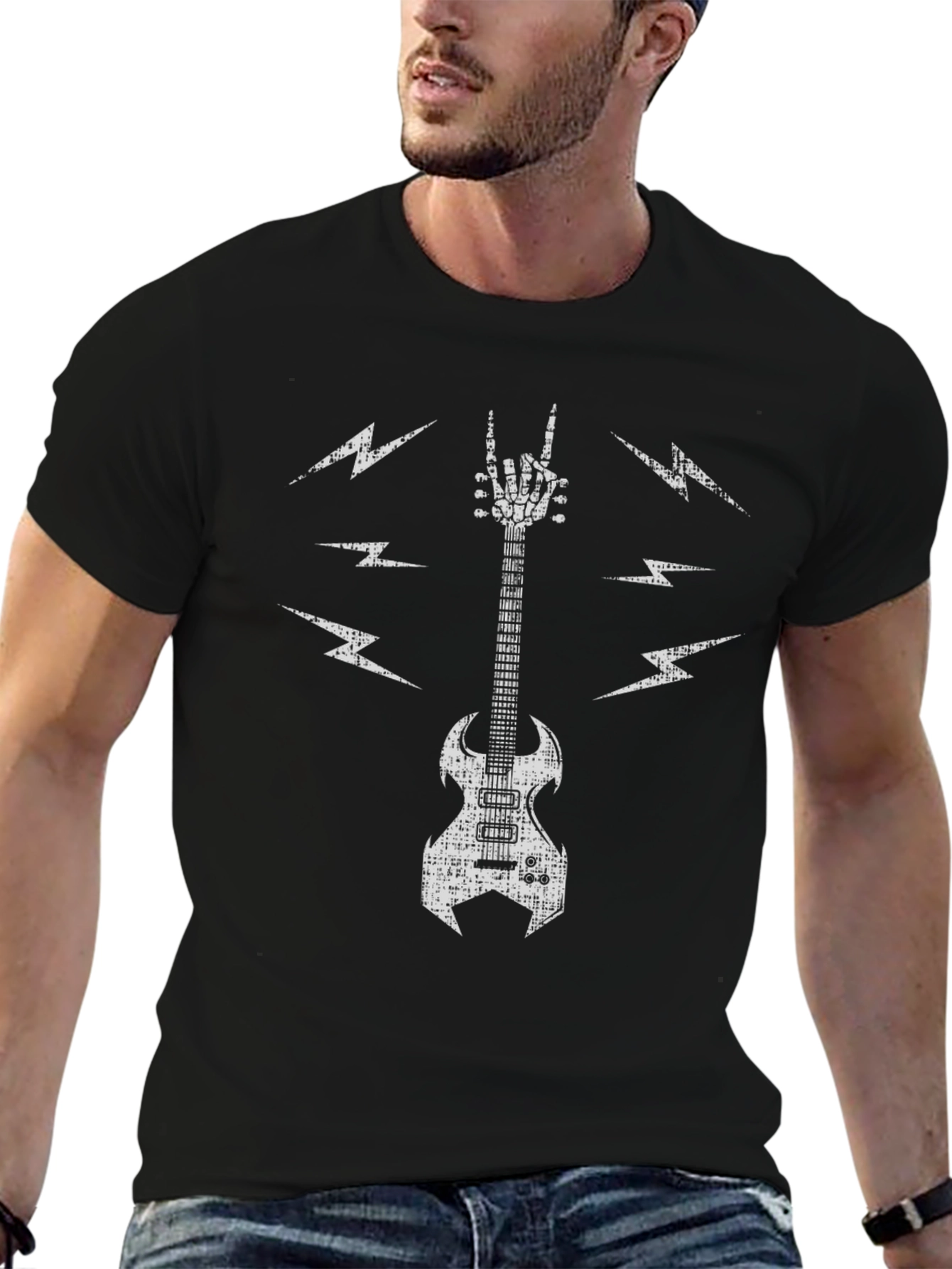 Rock Guitar T-Shirt - Skeleton Hand & Lightning