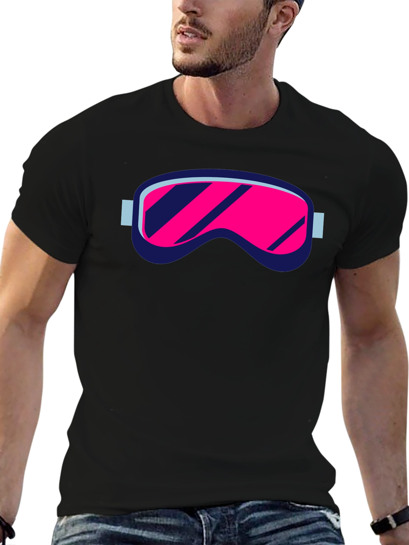 Retro Ski Goggles Graphic Tee - Black Cotton Blend