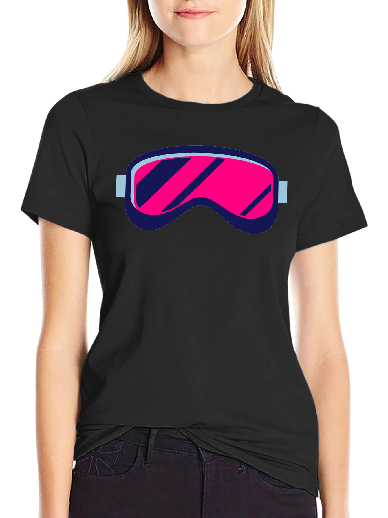 Retro Ski Goggles Graphic Tee - Black Cotton Blend