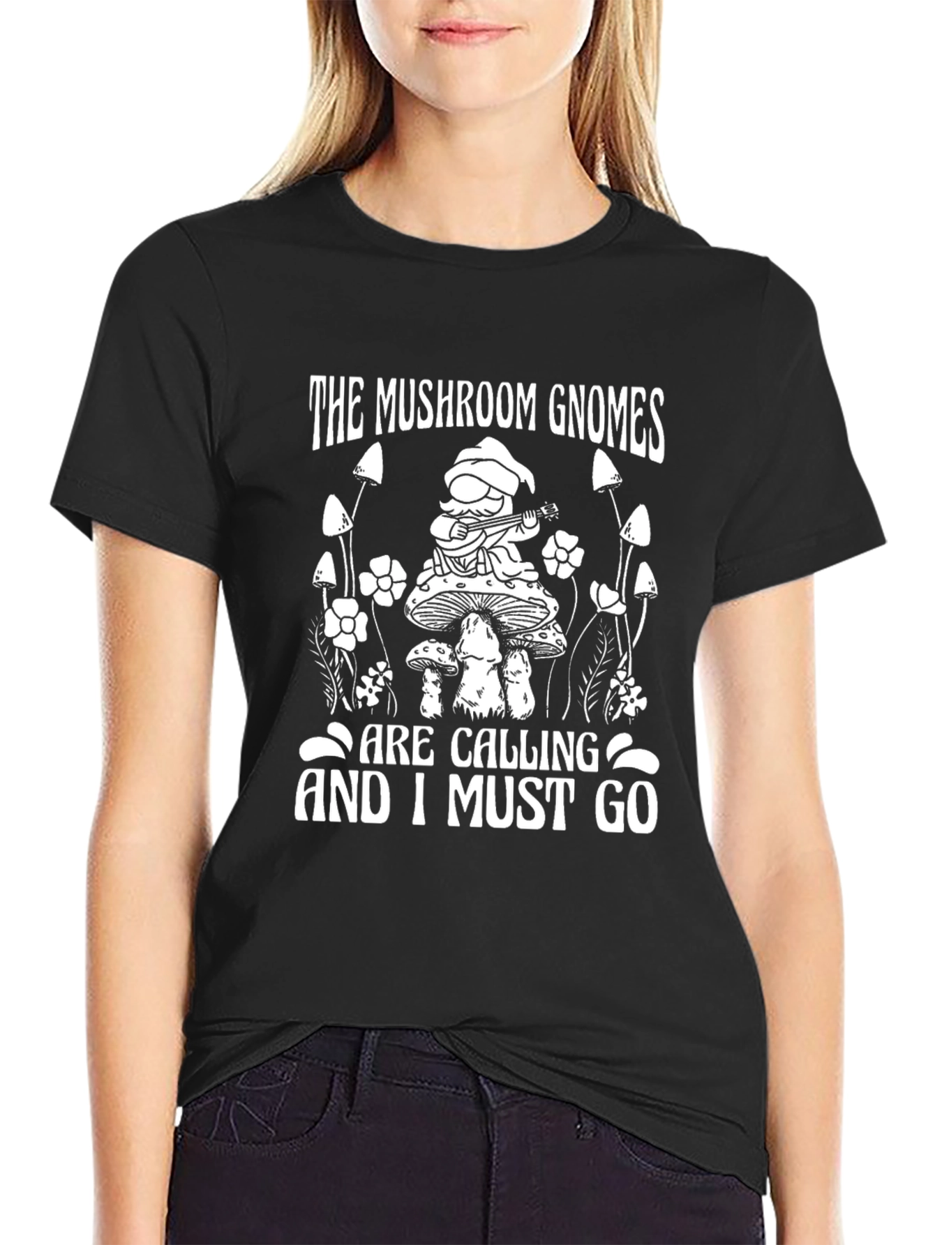 Mushroom Gnome Graphic Tee - Black Cotton T-Shirt
