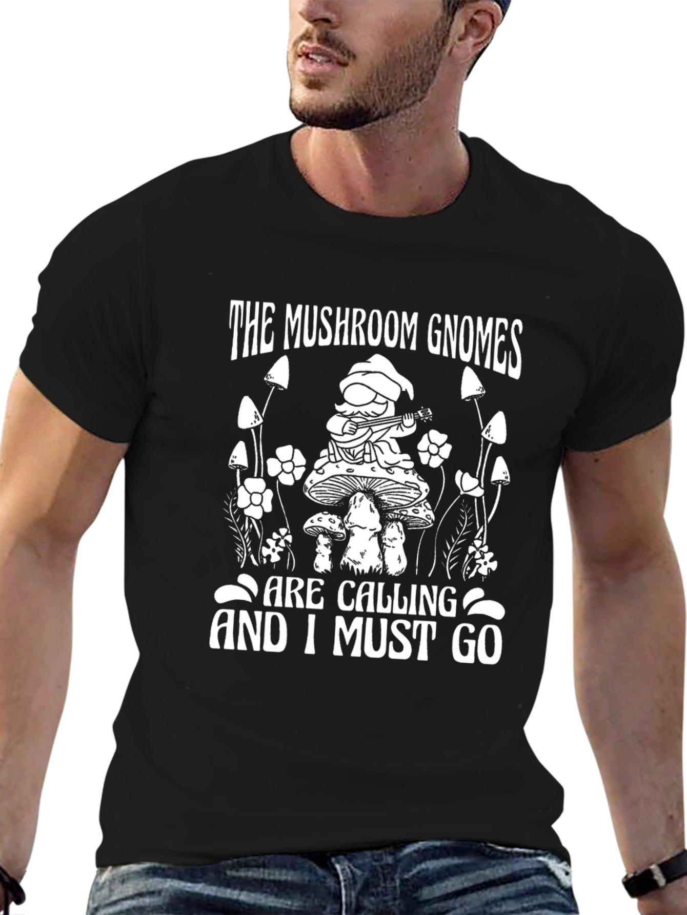 Mushroom Gnome Graphic Tee - Black Cotton T-Shirt