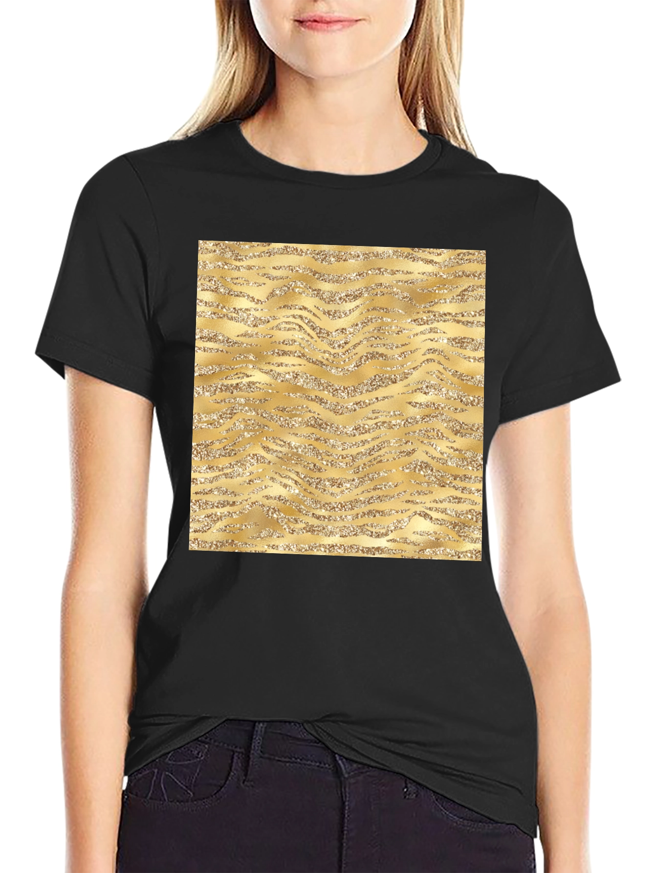 Gold Glitter Zebra Print Black T-Shirt