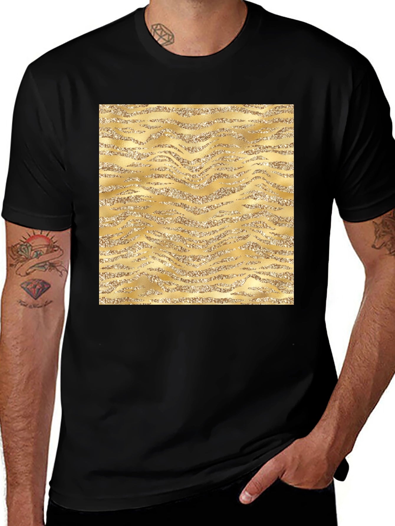 Gold Glitter Zebra Print Black T-Shirt