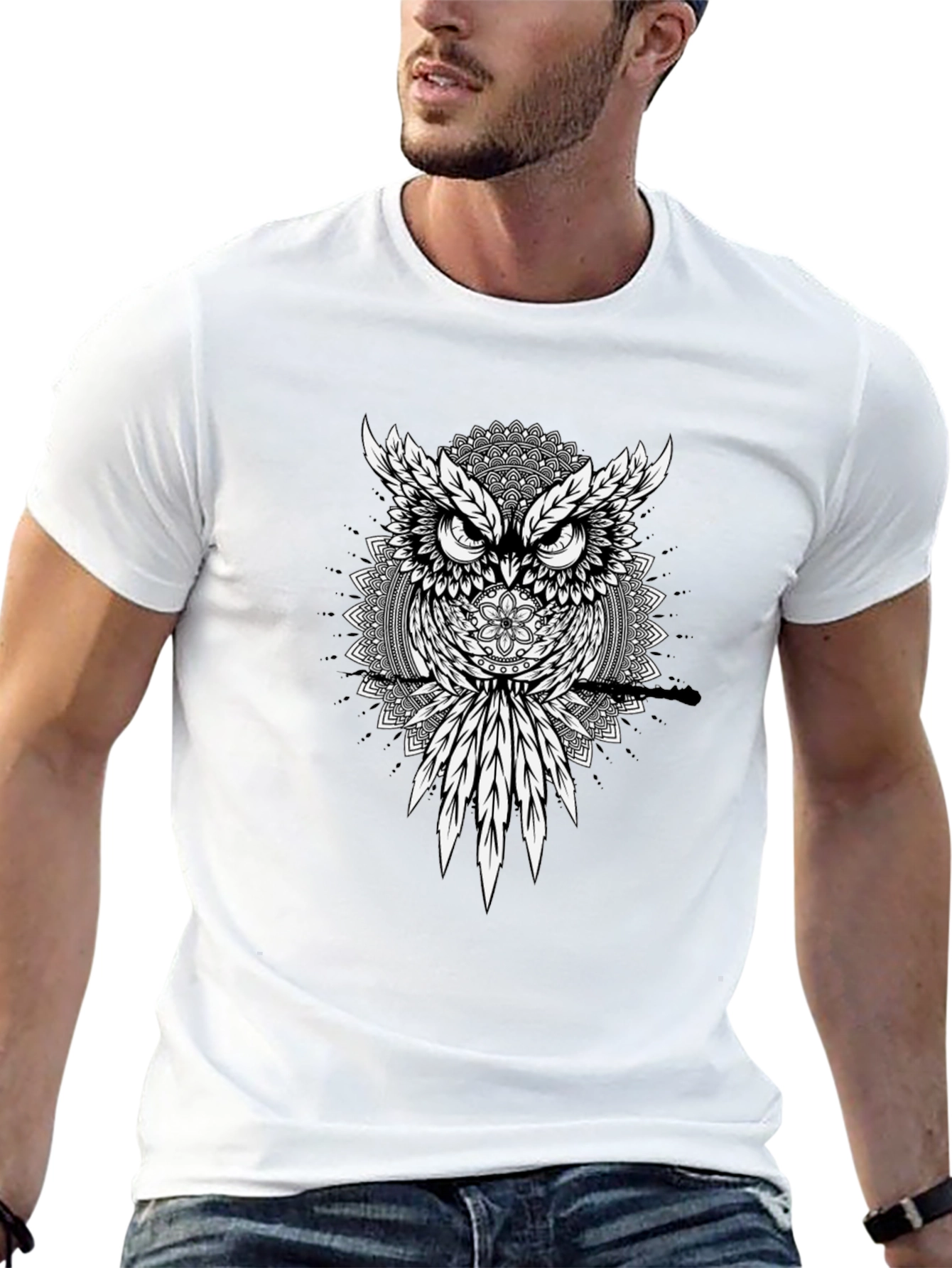 Owl Mandala Graphic Print Mens T-Shirt