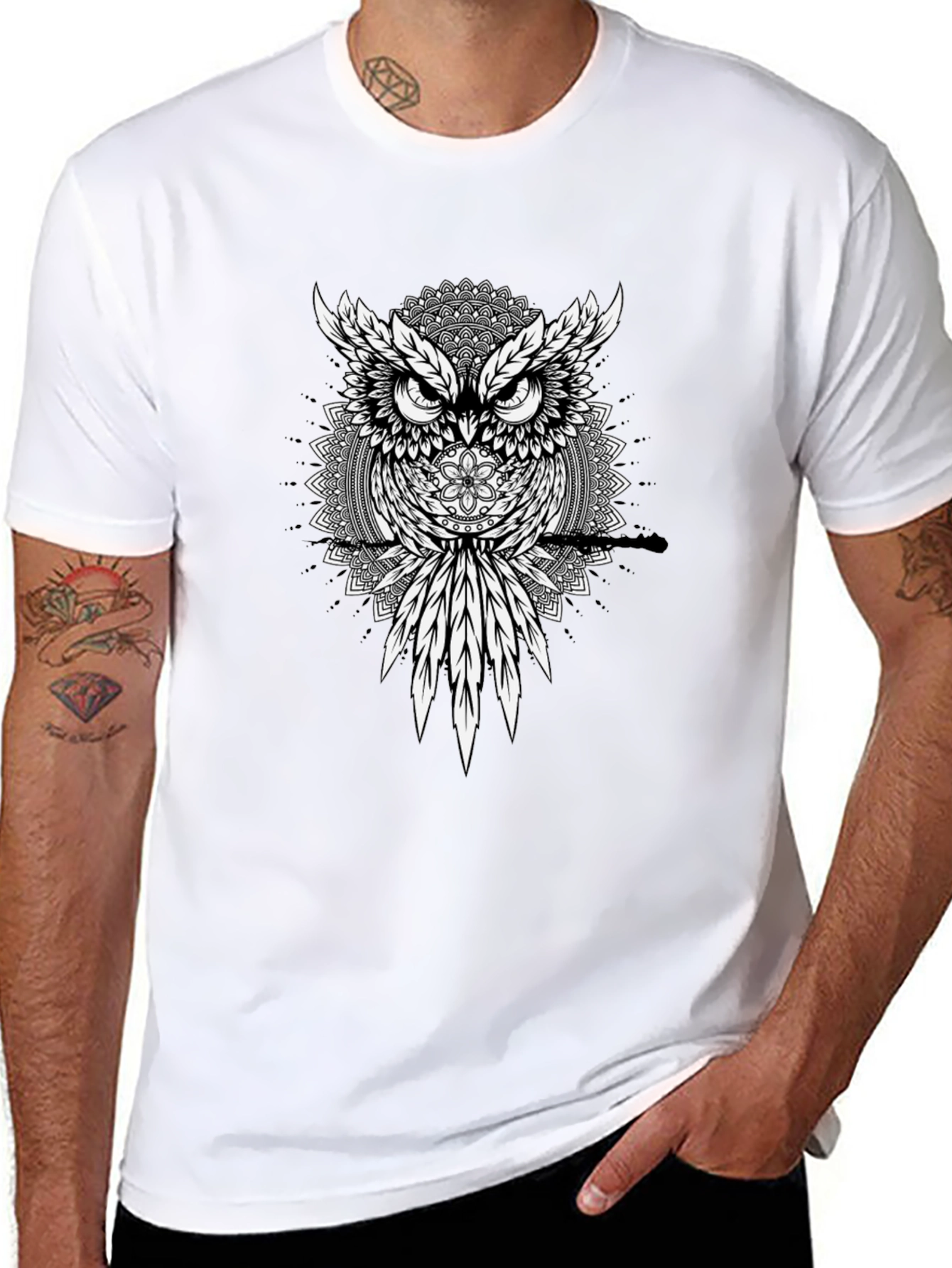 Owl Mandala Graphic Print Mens T-Shirt