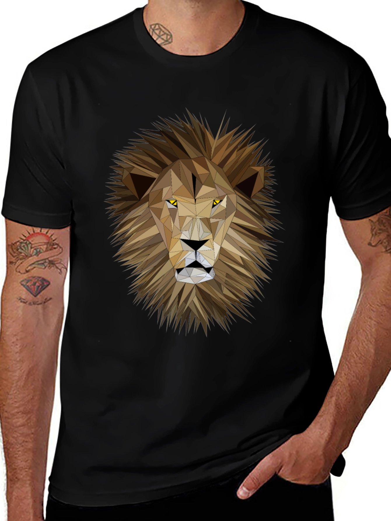 Geometric Lion Graphic Print Black T-Shirt