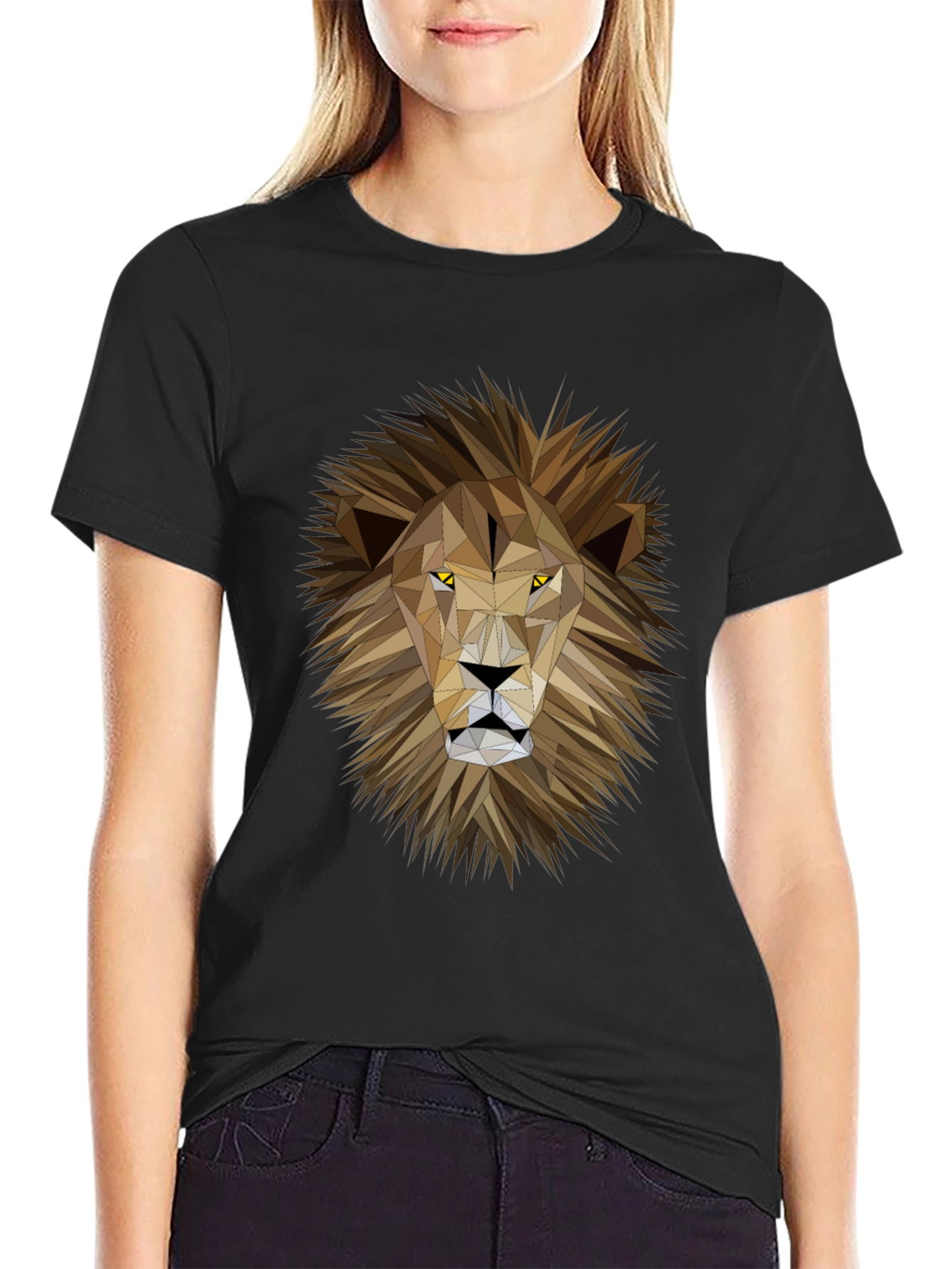 Geometric Lion Graphic Print Black T-Shirt