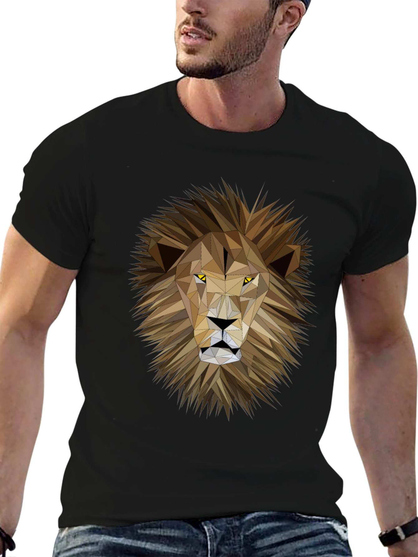 Geometric Lion Graphic Print Black T-Shirt