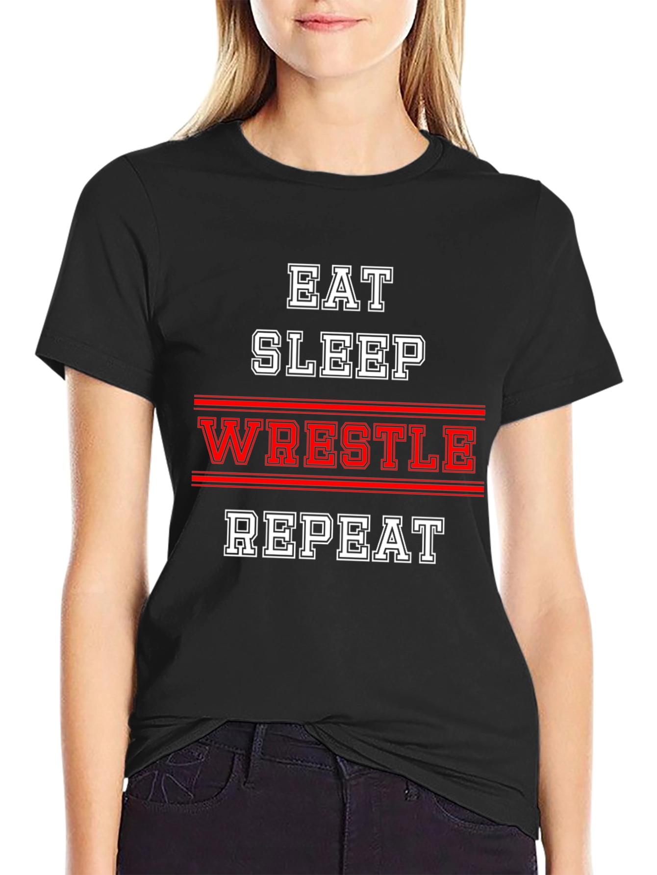 Eat Sleep Wrestle Repeat Black T-Shirt