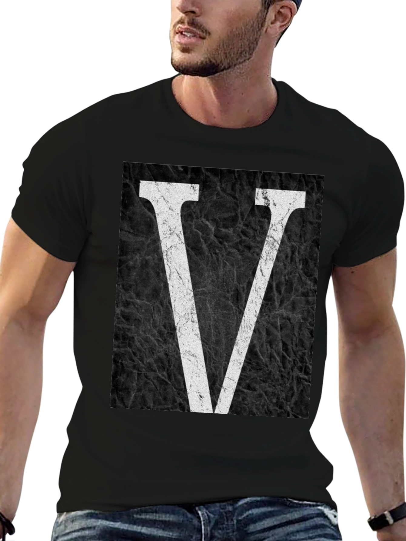Black T-Shirt with White V Graphic