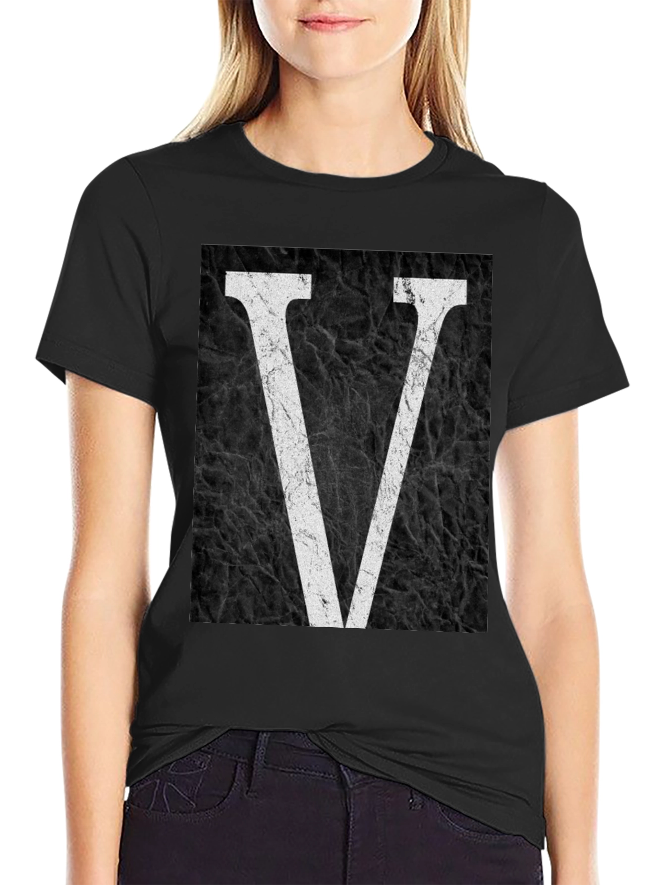 Black T-Shirt with White V Graphic