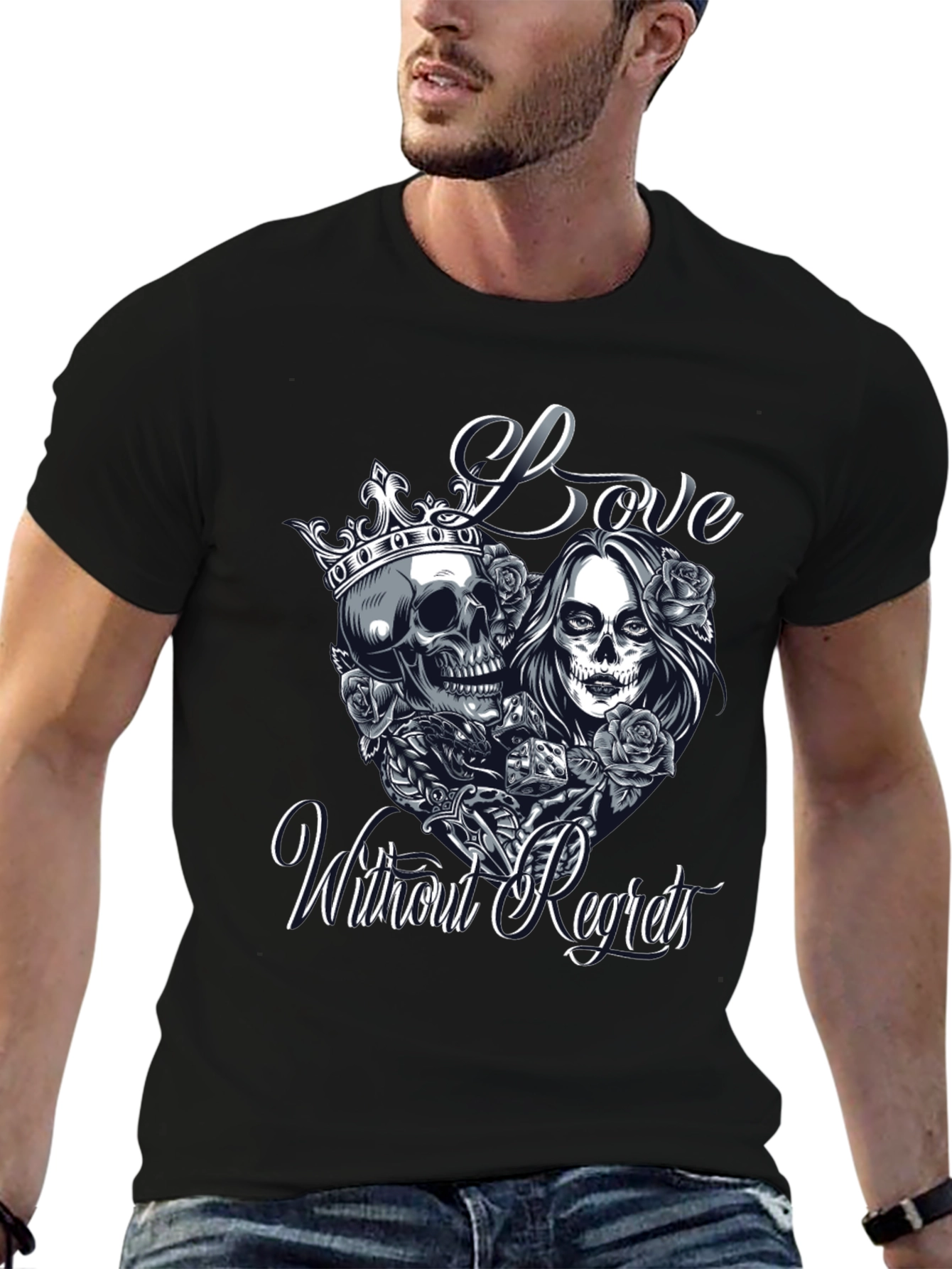 Love Without Regrets Skull & Roses Graphic T-Shirt