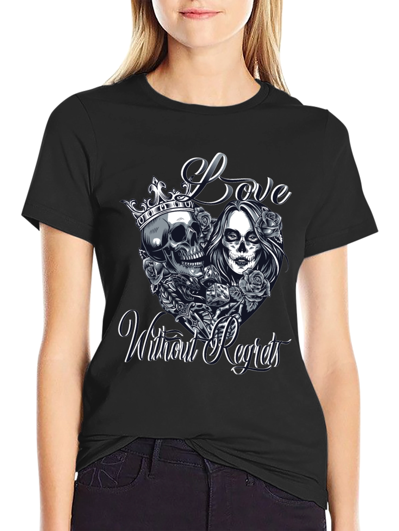 Love Without Regrets Skull & Roses Graphic T-Shirt