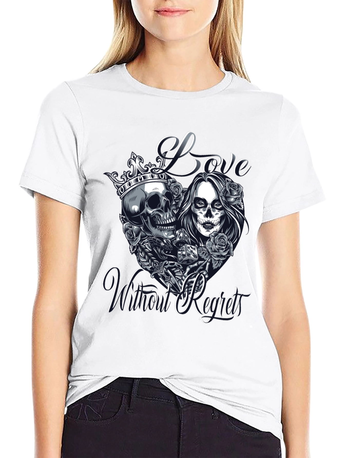 Love Without Regrets Skull & Roses Graphic T-Shirt