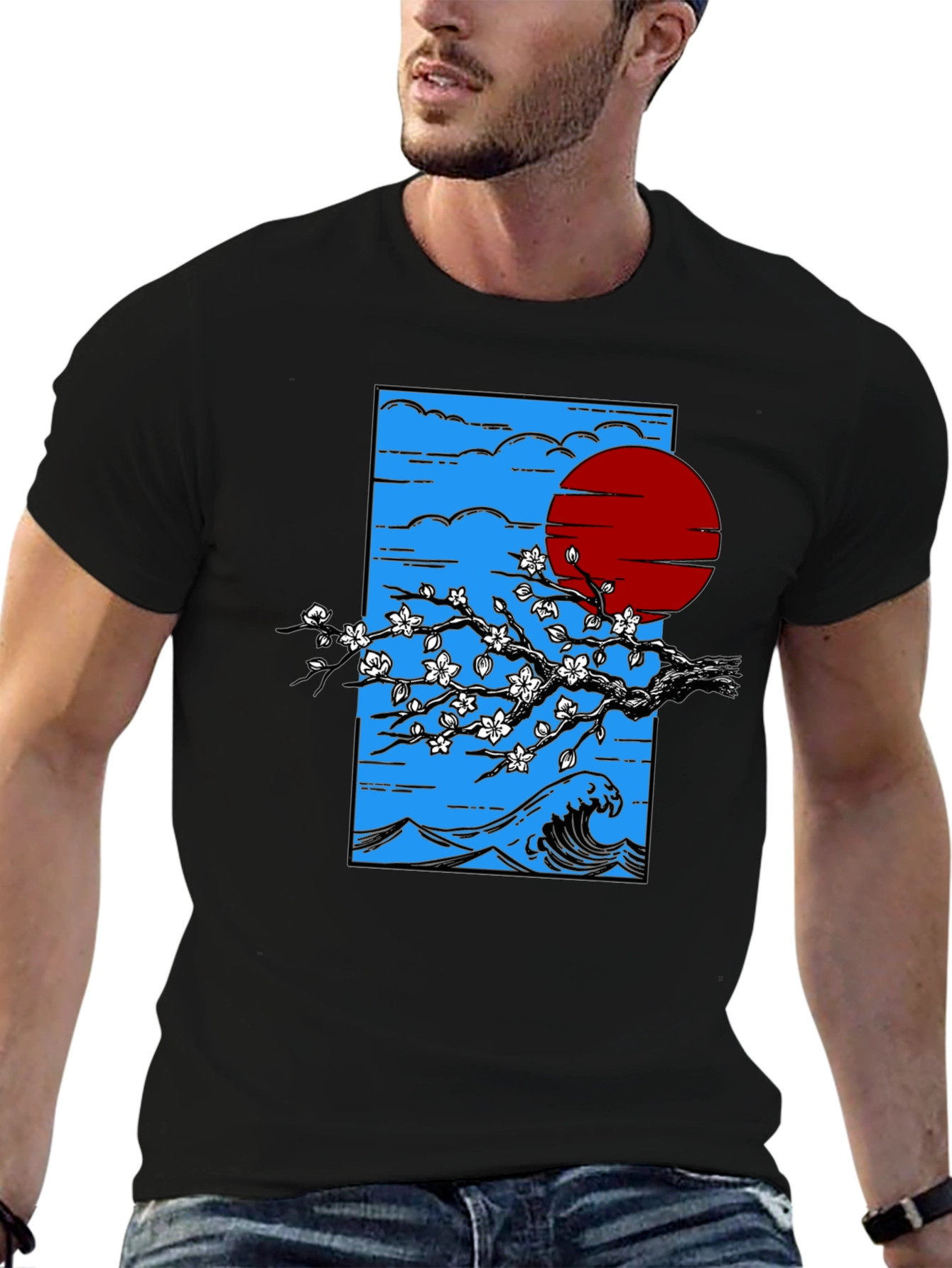 Japanese Wave & Sun Graphic T-Shirt