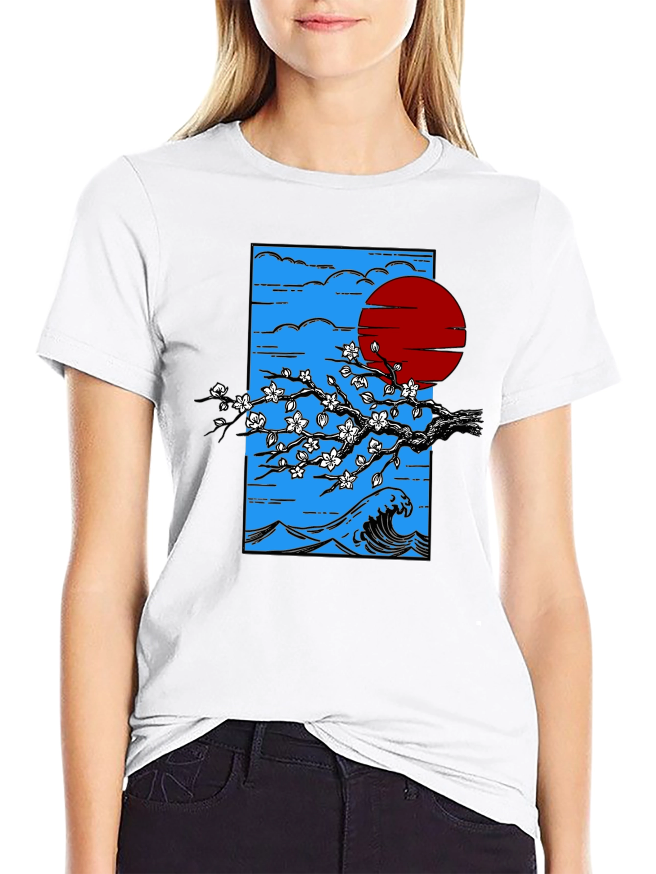 Japanese Wave & Sun Graphic T-Shirt